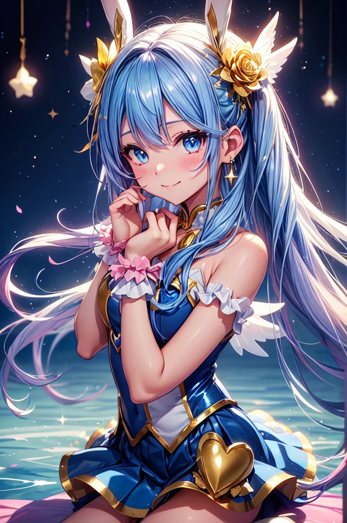 sexypose、 Cheergirl、very long twintails、(Blue hair、angel wings)、white and pink and yellow latex leotard、((heart mark、Rabbit tail))、(Golden decoration、gold and blue ruffle skirt、Flower Embellishment)、Blue eyes that sparkle like jewels、Smile、Sit up、(Glitter)、Pink Light Trail、pumpkins、On the water、a moon、golden curtain、Stars、Glowing white eyes、(arms behind head)、earrings、floating flower petals、hair accessories、Bokeh