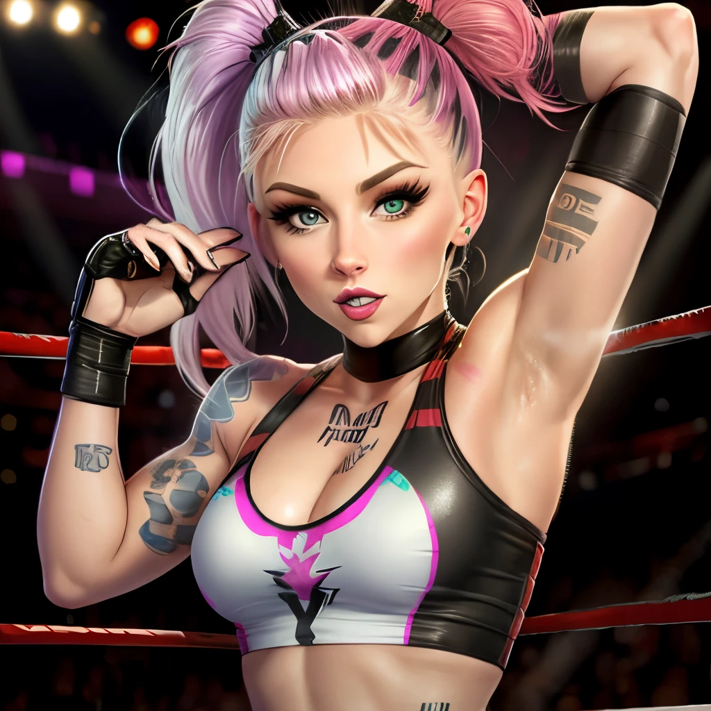 An eye-catching, highly realistic photo of a tanned woman dressed as Hitmonchan from Pokémon, purple outfit , with a vibrant rendering of the costume and boxing backdrop.
