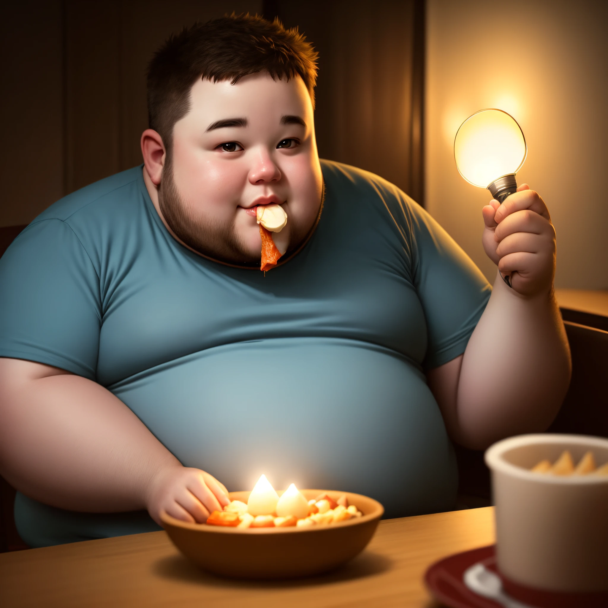 Chubby Man eating alone in dark using flashlight to see