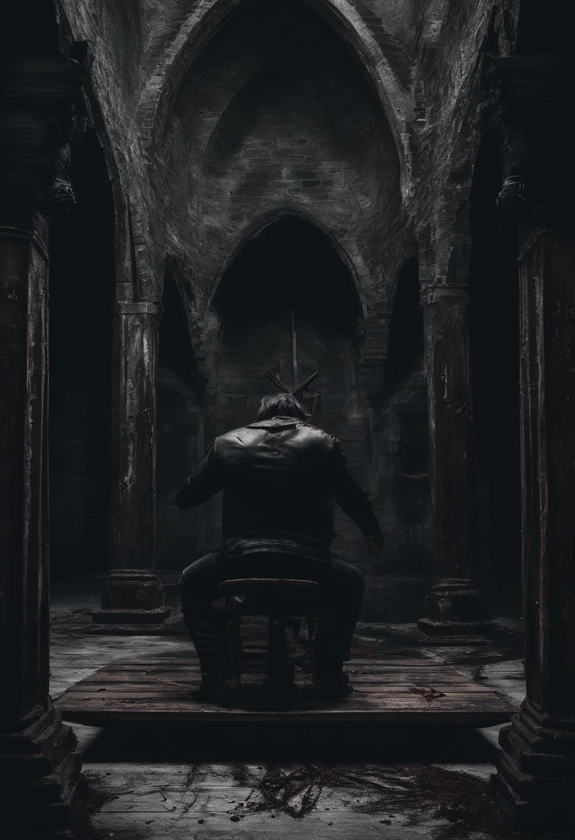 black hair, man, getting whipped, laying on a wooden platform, in a dungeon, platform is an X, blood everywhere, back cut open