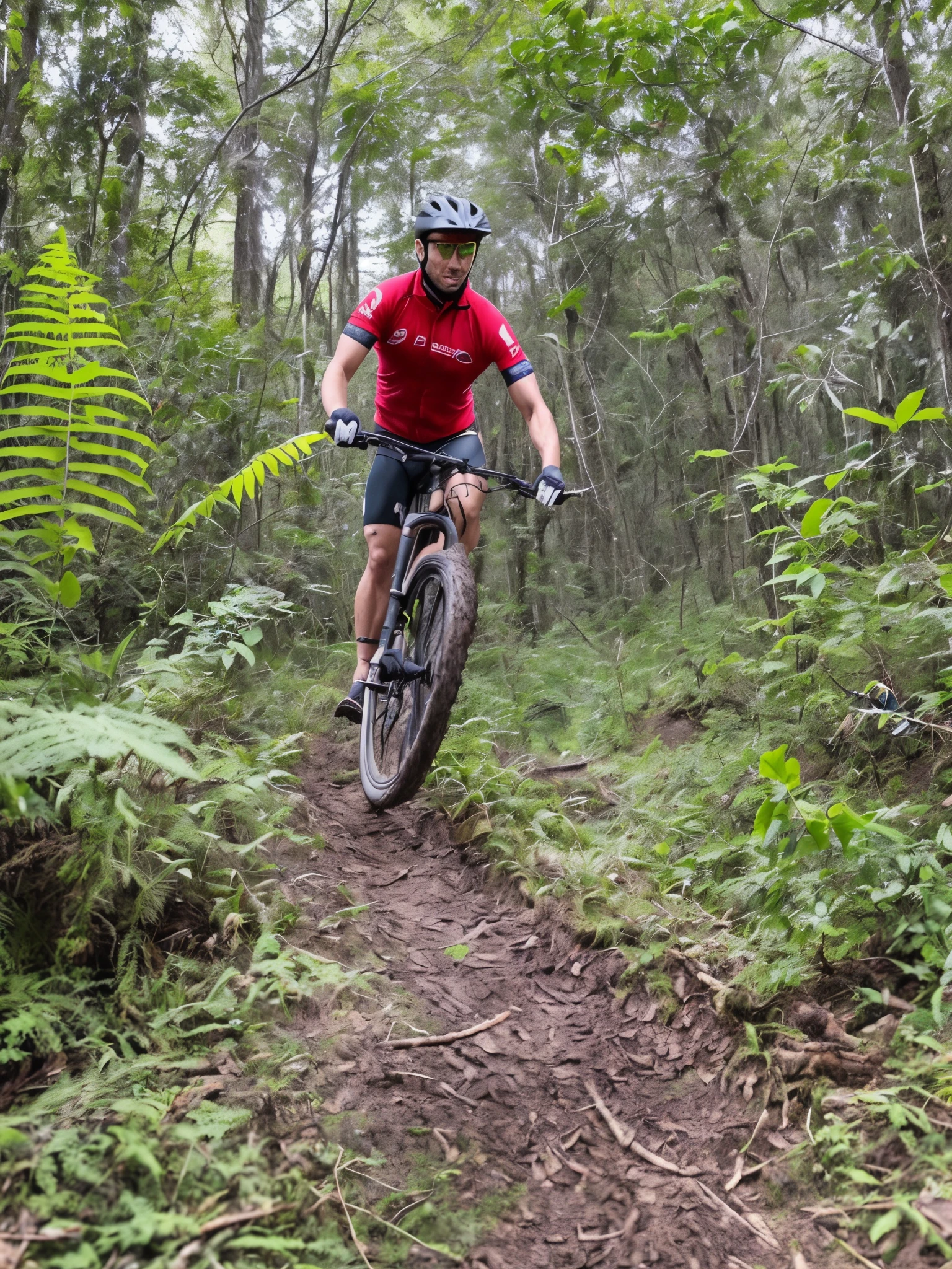 There's a man riding his bike on a trail in the woods, Alma piedosa, Trilha Ligjt, foundry vtt, wide angle dynamic action shot, horseback riding, Bram Sels, Postagem no Reddit, tirado no iphone 14 pro, lama voadora, trying to ride it, tirado no iphone 1 3 pro, " casca de ferro, chutando sujeira, dynamic action shot