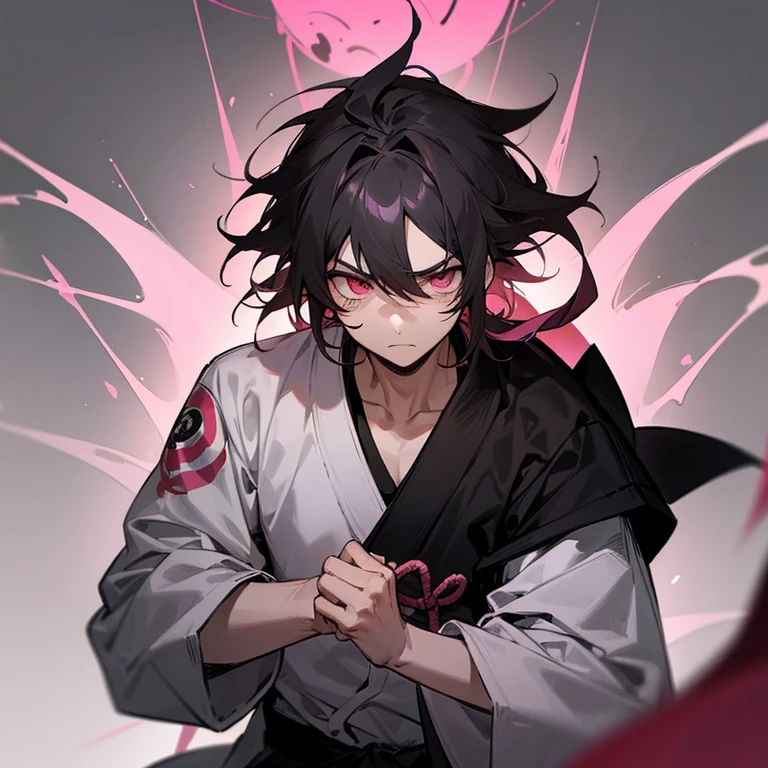black messy hair, pink eyes, nervous expression, -yeld boJiu Jitsu Kaizen art style, holding a talisman