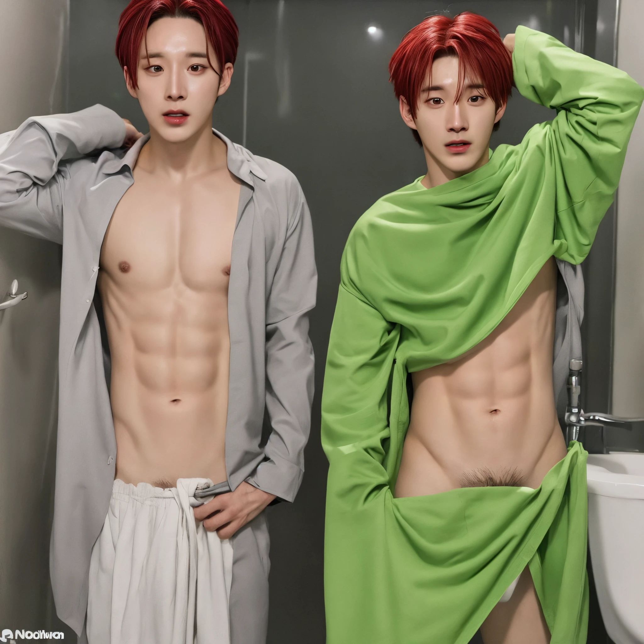 Kim Jungwoo de NCT, pelirrojo natural y ojos verdes, sin camisa posando para una foto y con el abdomen mojado
