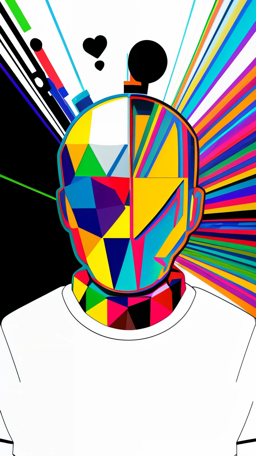 um homem com fundo preto, kaws, logotipo do radiohead, teddy fresh, humor alucinante, tijolo de homem, Mandkaws, holographic effect, holografia escura!!!, ray fusion colors!!, uninitialized ??? cores, humor feliz e alucinante, Holographic, Metal refletivo, colored album art, half robot half man