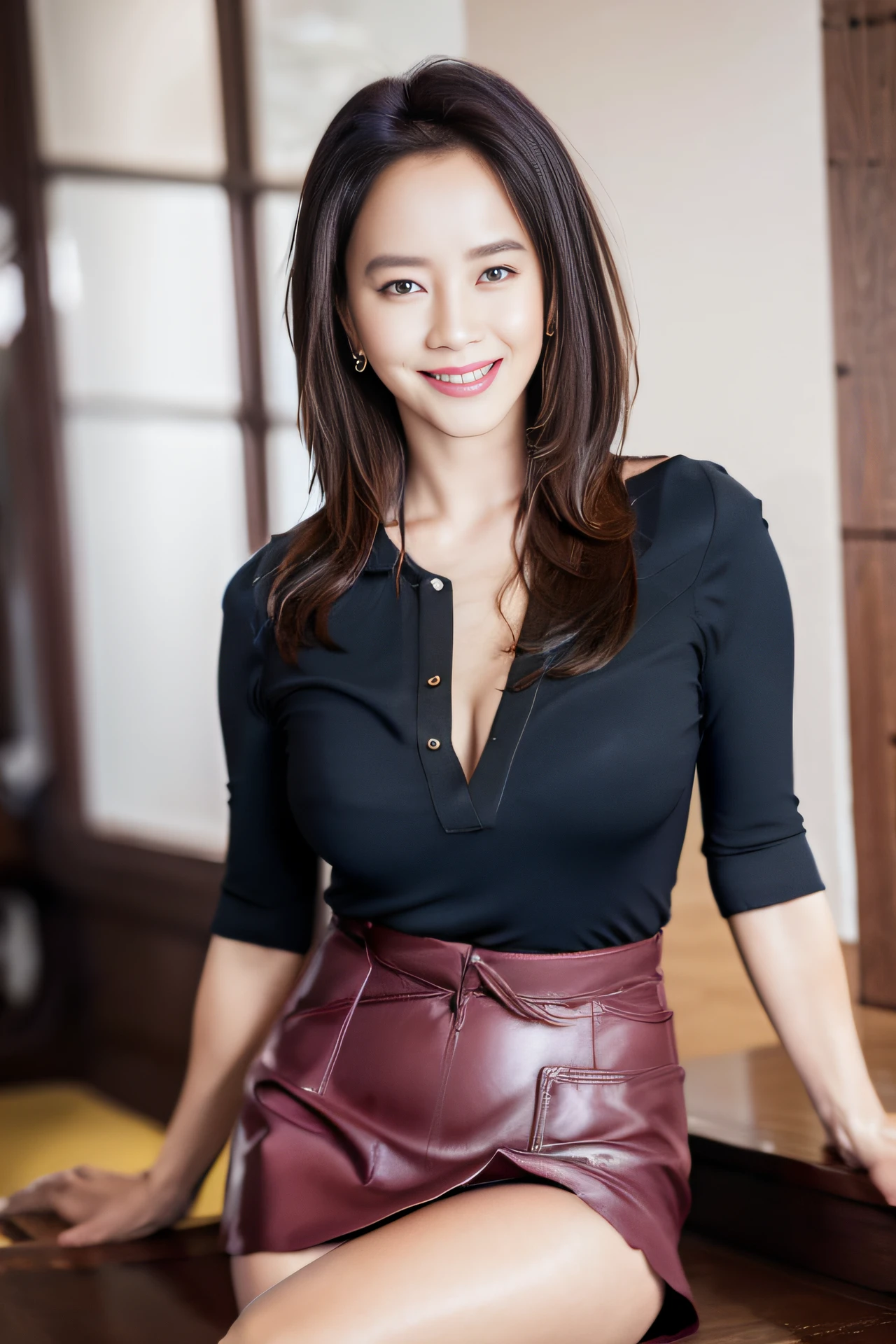 a woman, jihyo, jihyo \(runningman\), slim body, petite, Wide open chest, exposed chest, sitting, black color shirt and skirt, cowboy shot , exposed thighs, showing panties, big breast, breast line, smiling, looking at viewer, look directly at me, indoors, masterpiece, high quality, high resolution, realistic, photorealistic,