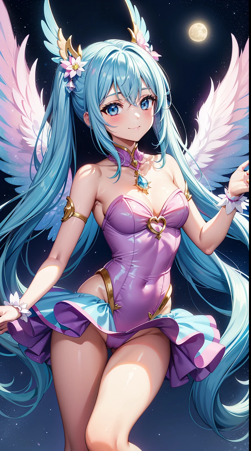 Super Idol a beauty girl adorable smiling sky blue hair length hair Twin-tailed sparkly pink and white leotard facing front Angel large wings on the back 7 colors Mystical Fantasia constellation a moon Crystal Brilliance Aurora Borealis in the Night Sky