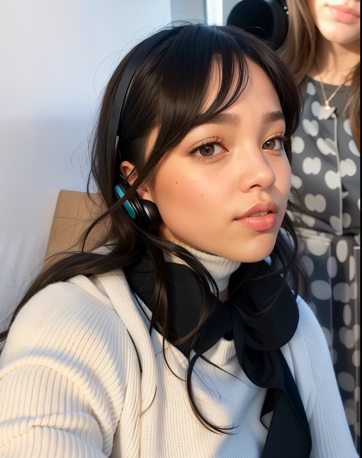 there is a woman with headphones on sitting in front of a wall, with bangs, she has black hair with bangs, with full bangs, headshot profile picture, fluffy bangs, tessa thompson inspired, neat hair with bangs, blunt bangs fall on her forehead, straight bangs, portrait sophie mudd, curtain bangs, profile picture, portrait of vanessa morgan