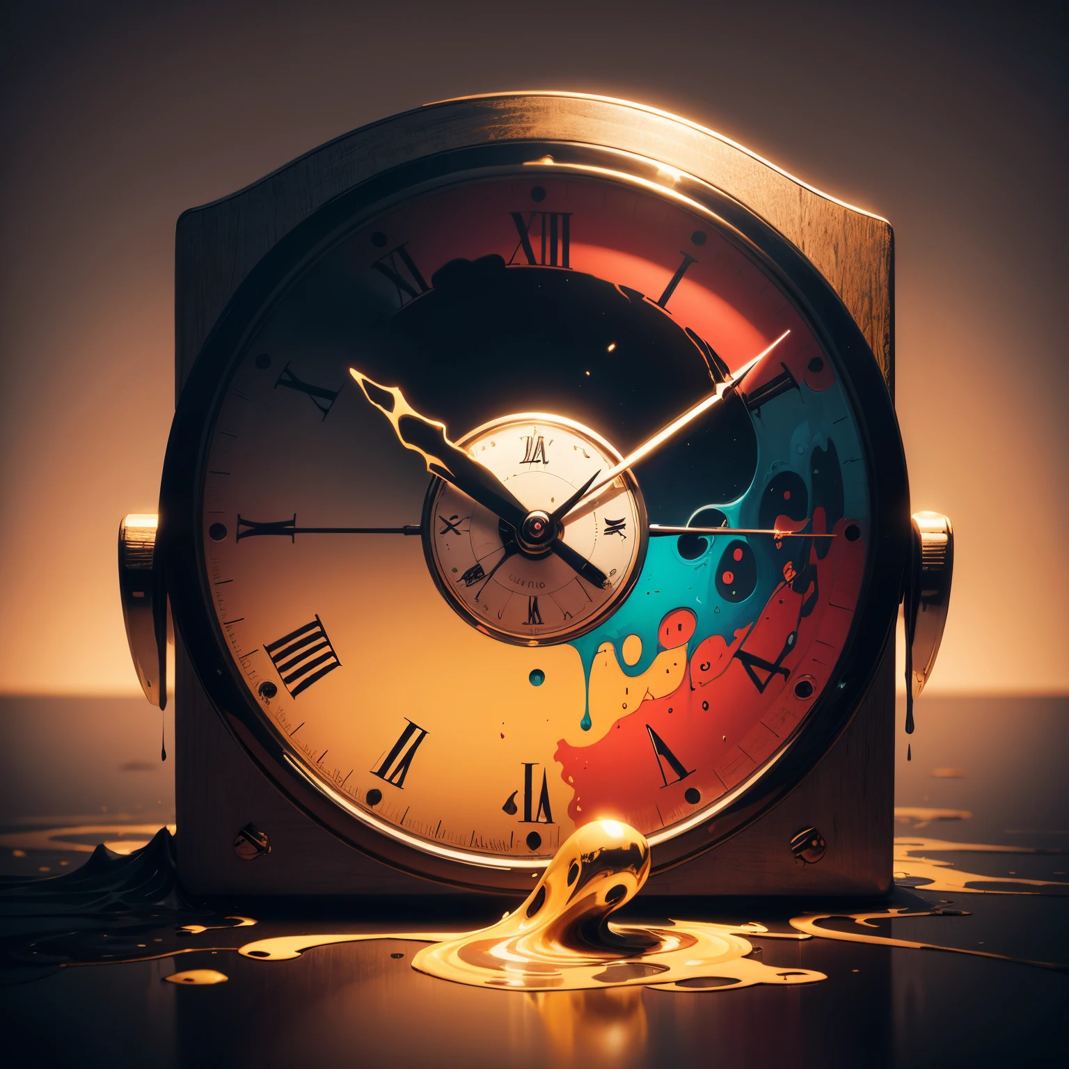 Art like salvator dali, surreal, mute colours, melting clocks, painting from a woman in a surreal dream, sharp lines, 8k, q2