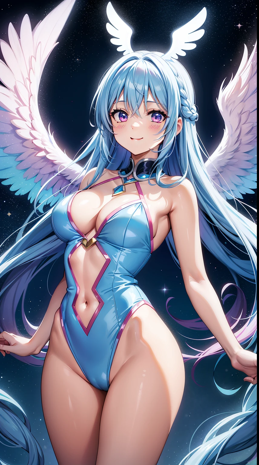 Super Idol a beauty girl adorable smiling sky blue hair length hair Twin-tailed sparkly pink and white leotard facing front Angel large wings on the back 7 colors Mystical Fantasia constellation a moon Crystal Brilliance Aurora Borealis in the Night Sky
