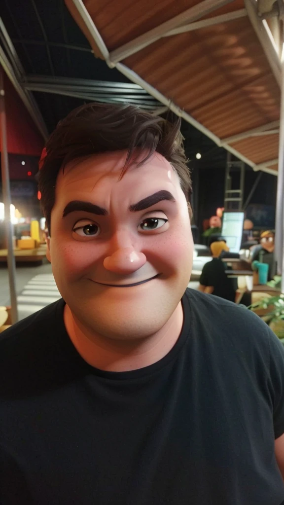 homem grande, grande sorriso, olhos castanhos escuros, camisa preta, Da Disney Pixar's Up (2009), close - retrato facial de cima, Como um personagem da Pixar, Personagem ideal da Pixar, Representado como um personagem da Pixar, personagem pixar, personagem pixar bonito, Anato Finnstark. Pixar, em cima, quadro do filme pixar, design de personagem bonito pixar, animation film