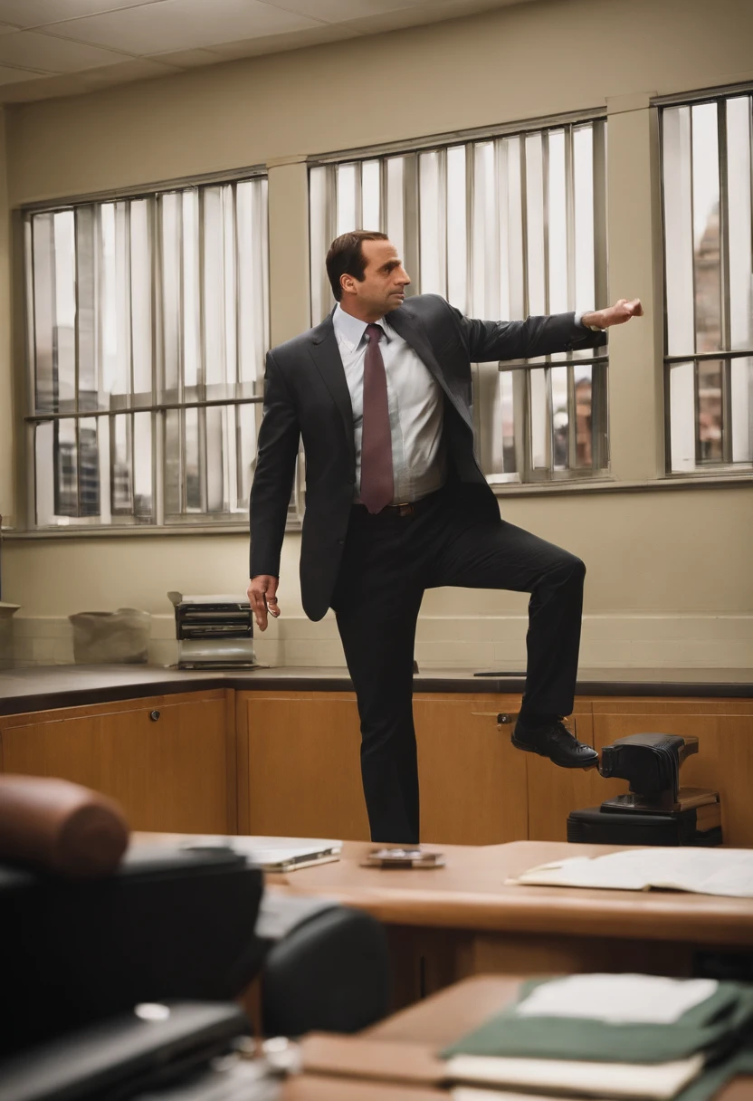 A photo of Michael attempting to learn how to juggle,The Office TV show,Michael Scott, the fictional character from “The Office,” is a middle-aged man with a receding hairline and a penchant for ill-fitted suits, which adds to his somewhat awkward and unpolished appearance. He often carries a goofy, sometimes childlike expression, complementing his attempts to be liked and seen as humorous by his employees.
