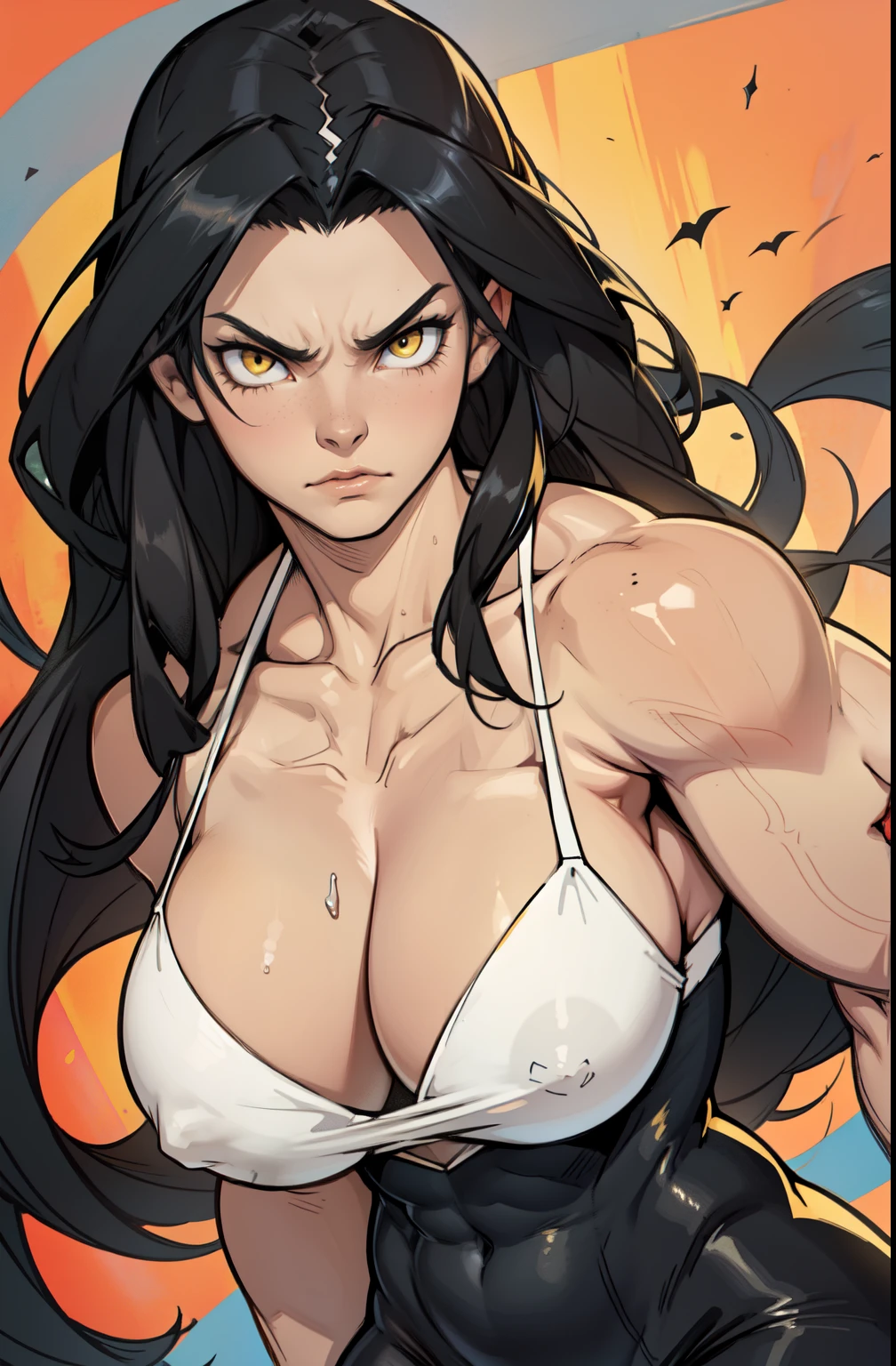 ((1 girl)) angry very long hair pale skin black hair yellow eyes ((muscular)) huge breasts by artgerm