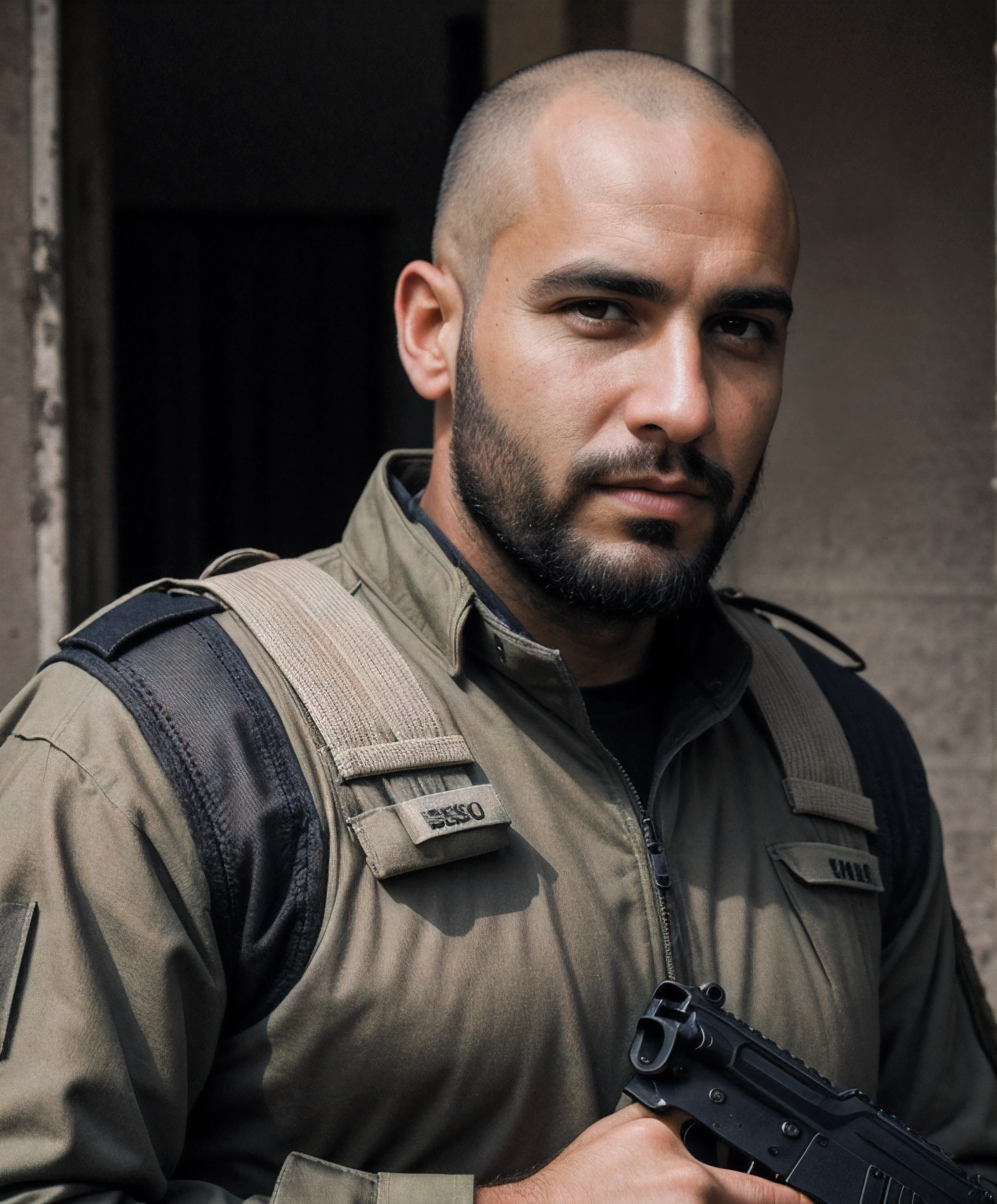 sharpened man in military uniform holding a gun in his hand, soldado robusto, Foto de perfil, Retrato tirado 8 K, barba preta, nariz comprido, careca, olhos azuis, super detalhada, face detalhada, face com sangue e ferida