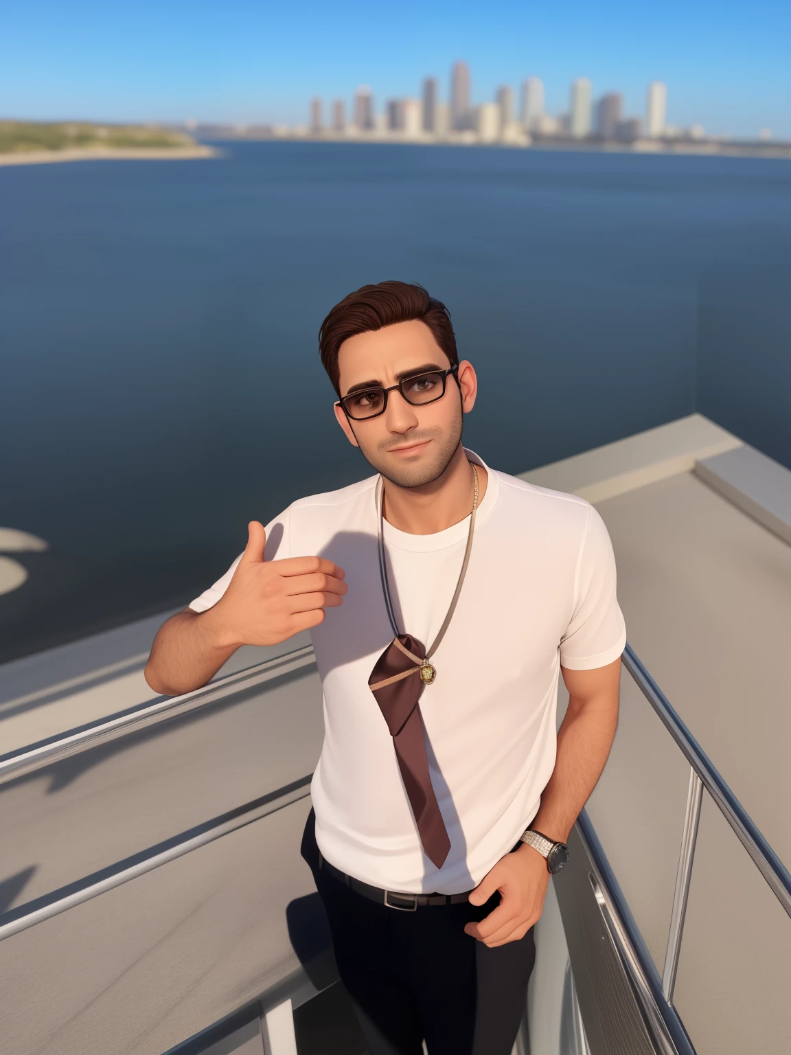 A man of 30 years old, with short brown hair,diamond face, strict look, and brown eyes, wearing white white shirt with necktie and glasses.