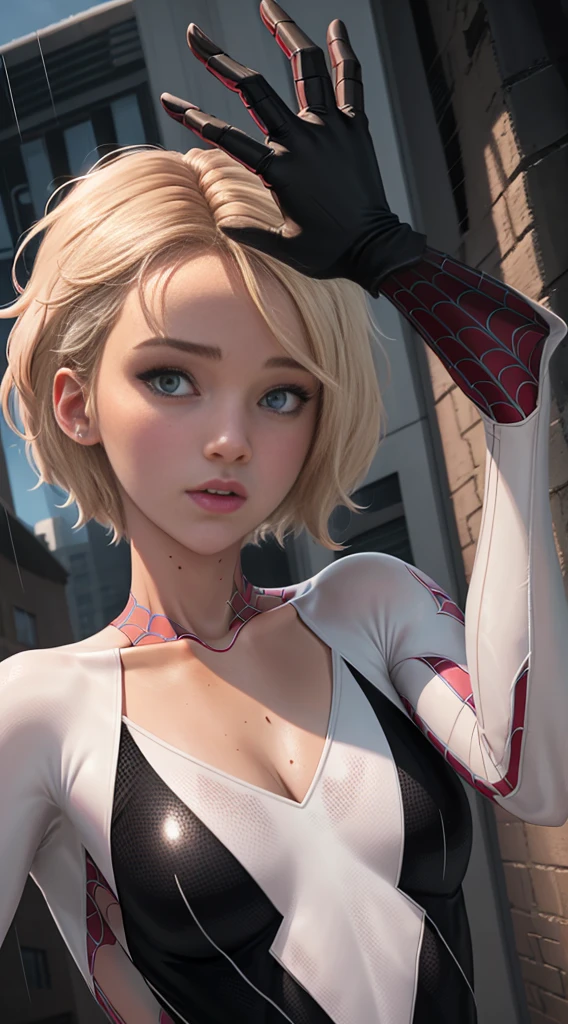 ((masterpiece)), (cinematic lighting), a full body portrait, beautiful stylized illustration of gwen_stacy, in her spider suit, with a sidecut, asymetrical blonde hair, with incredibly detailed blue eyes and a beautiful detailed face, with parted lips, the side of her head shaved, bare shoulders, casual in the city, looking away, by jeremy mann, by sandra chevrier, by dave mckean and richard avedon and maciej kuciara, high detailed, 8k, samdoesart style