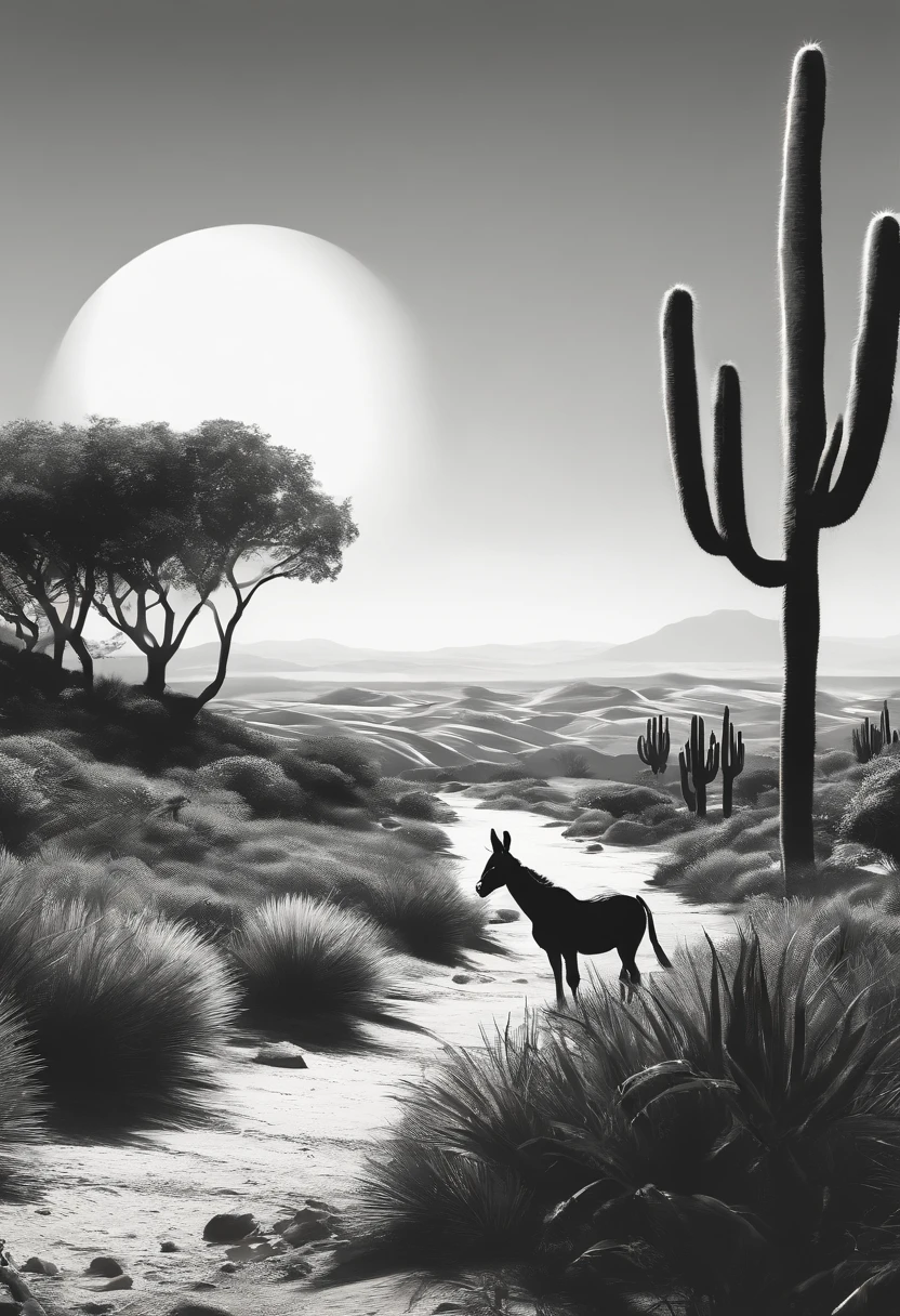 black and white animation background of the Brazilian northeastern hinterland with typical semi-arid vegetation with cacti, sun, heat, with a cartoon animal like a donkey, donkey, donkey, donkey in the dreamworks style, the sherek drawing donkey., small, Classicism, Gamine, top-down, Motion graphics, Grainy, sprite sheet, pastel colors, Happycore, film noir lighting, Ultra-realistic, highly detailed, natural lighting, ocean environment, Unity engine, 8k