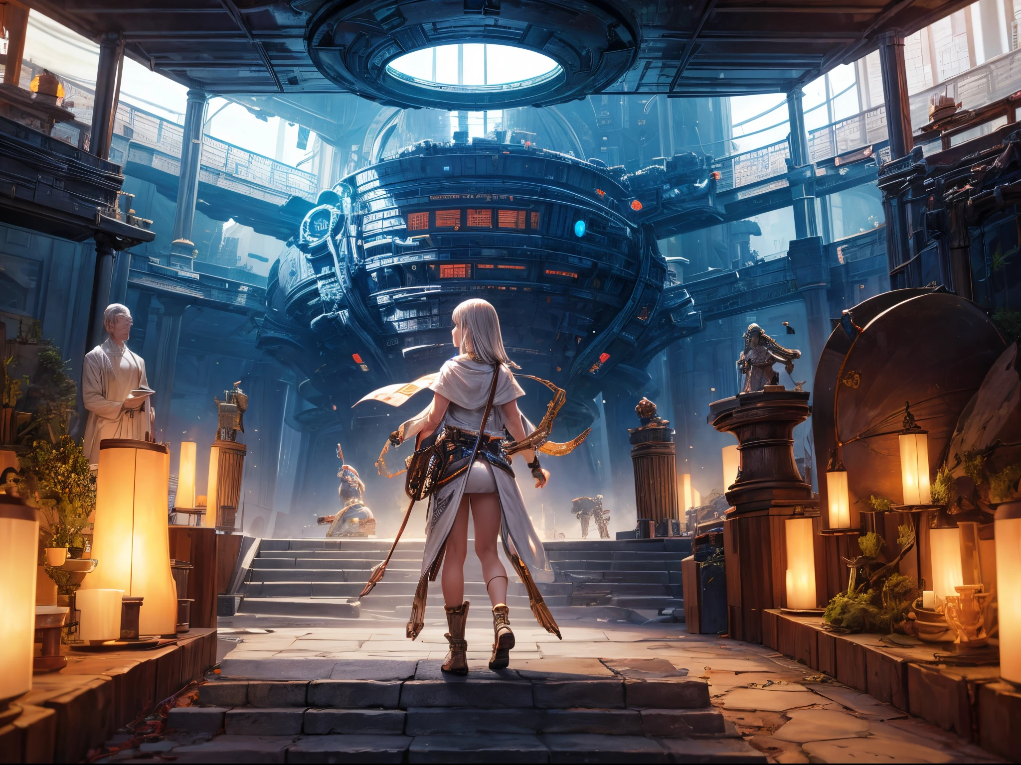 Craft a scene where digital and analog worlds collide. Picture DVDs as ancient artifacts in a futuristic museum, surrounded by pixelated creatures and futuristic artifacts. Achieve a harmonious fusion of the past and future, bridging the gap between the tangible and the virtual.
