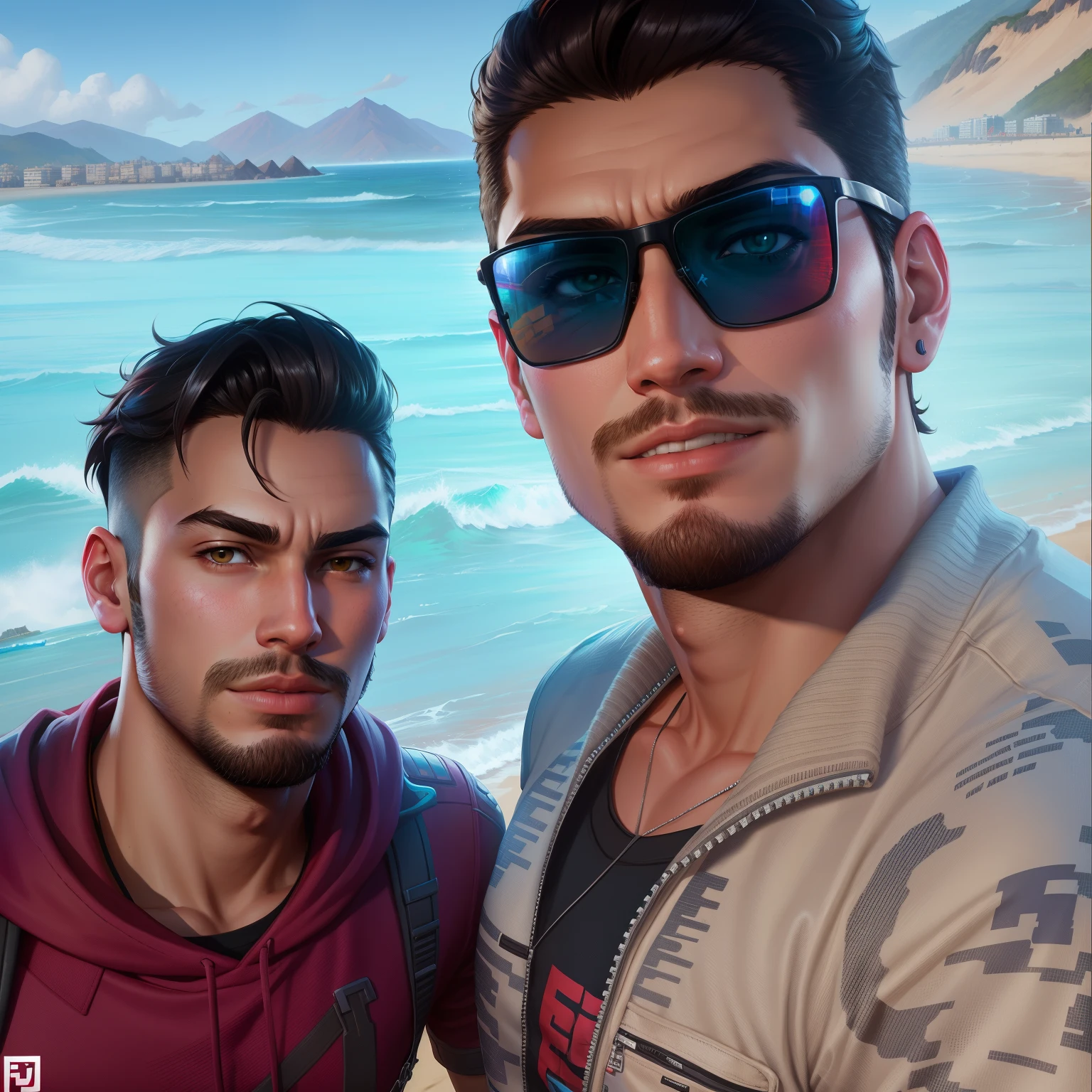 two men, fortnite, fortnite character, character in fortnite, video game,  standing next to each other on a beach near the ocean, pablo carpio and jordan grimmer, mars ravelo and greg rutkowski, sakimichan and frank franzzeta, jason chan and gilles beloeil, paul pepera pablo roldan, nick silva and ilya kuvshinov, ben maier and sakimichan