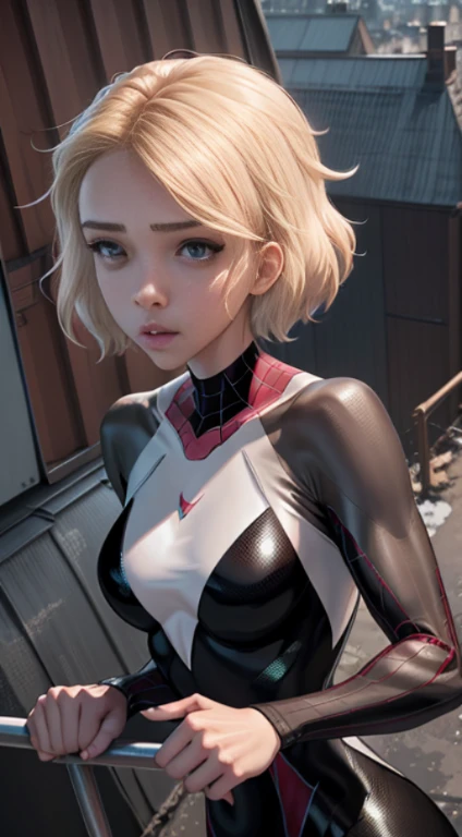 Jessica Alba、18 year old girl spider web, Upper body, close-up, Black Spider-Man Suit, Short hair, Blonde hair, Beautiful face, Fighting stance, Rain, roof, masutepiece, exquisitedetails, Perfect Anatomy, cleavage, Defiant expression