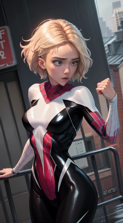 Jessica Alba、18 year old girl spider web, Upper body, close-up, Black Spider-Man Suit, Short hair, Blonde hair, Beautiful face, Fighting stance, Rain, roof, masutepiece, exquisitedetails, Perfect Anatomy, cleavage, Defiant expression