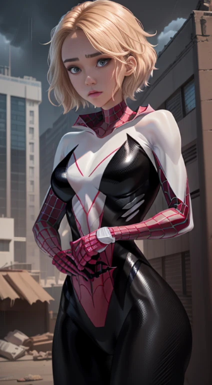 Jessica Alba、18 year old girl spider web, Upper body, close-up, Black Spider-Man Suit, Short hair, Blonde hair, Beautiful face, Fighting stance, Rain, roof, masutepiece, exquisitedetails, Perfect Anatomy, cleavage, Defiant expression