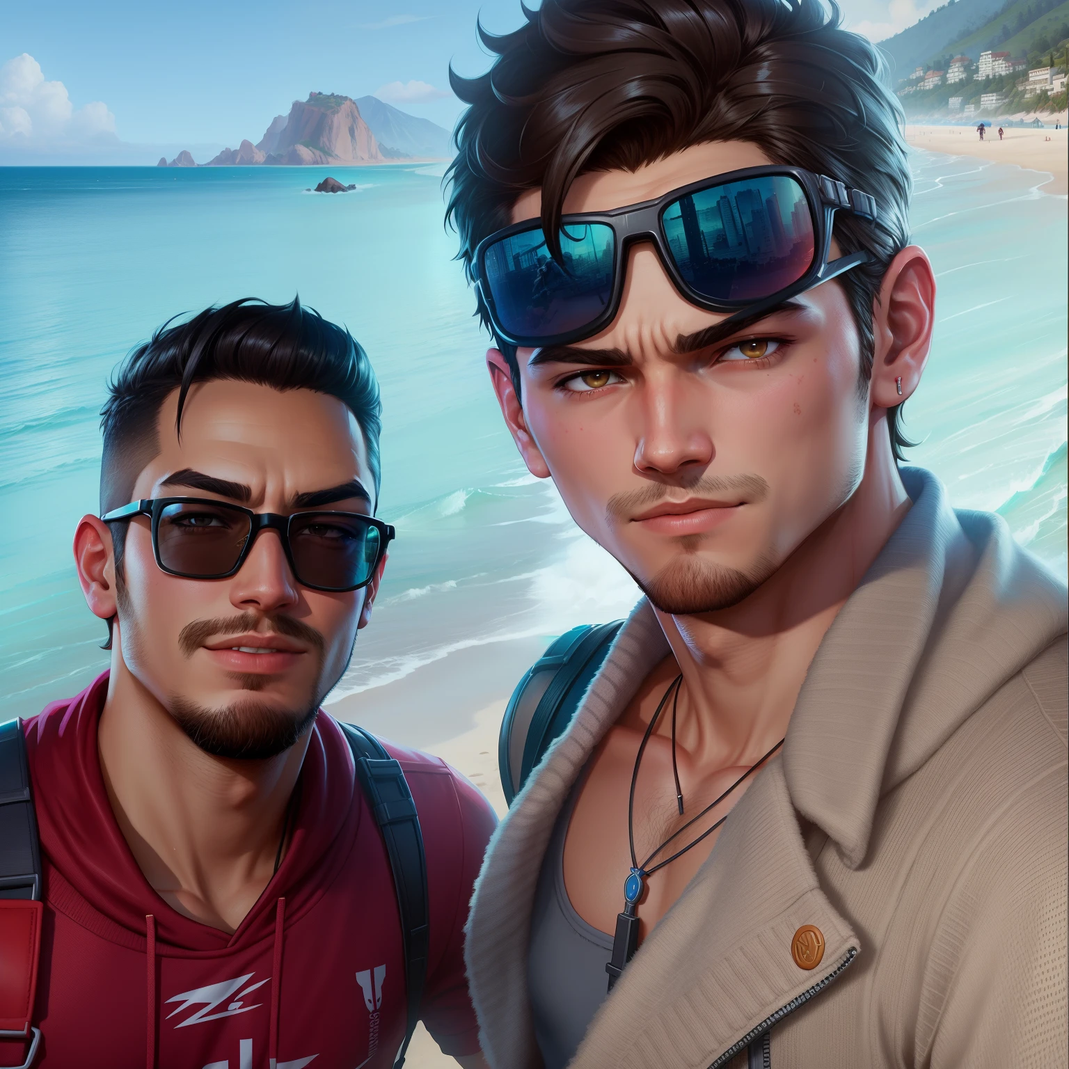 two men, fortnite, fortnite character, character in fortnite, video game,  standing next to each other on a beach near the ocean, pablo carpio and jordan grimmer, mars ravelo and greg rutkowski, sakimichan and frank franzzeta, jason chan and gilles beloeil, paul pepera pablo roldan, nick silva and ilya kuvshinov, ben maier and sakimichan