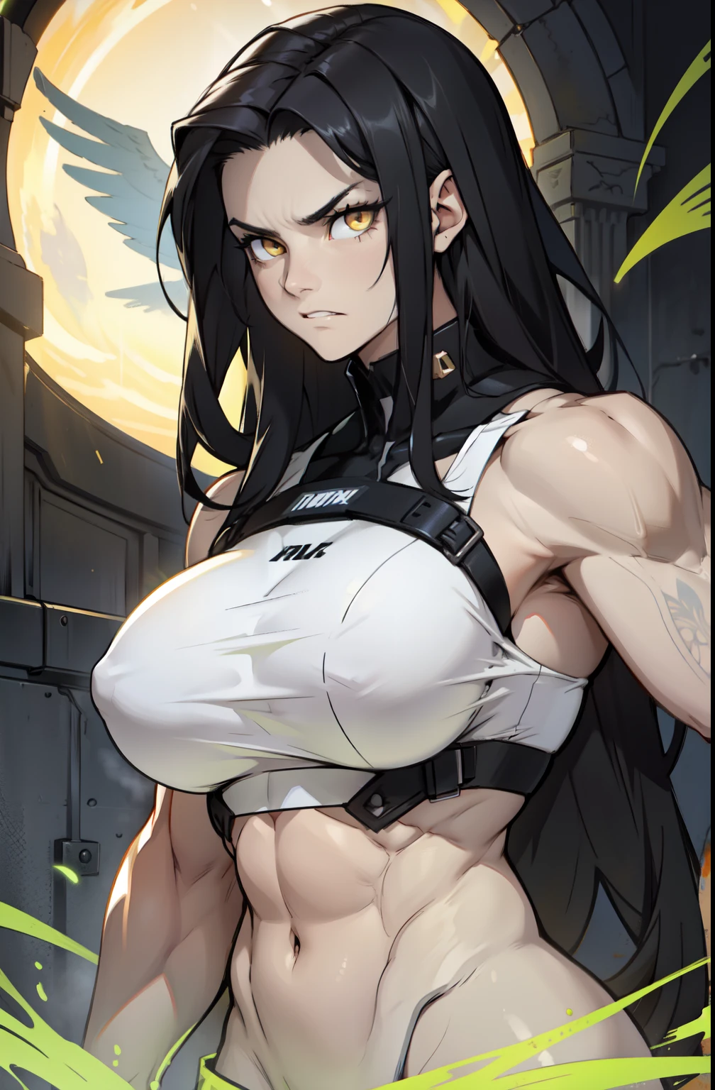 ((1 girl)) angry very long hair pale skin black hair yellow eyes ((muscular)) huge breasts luminism