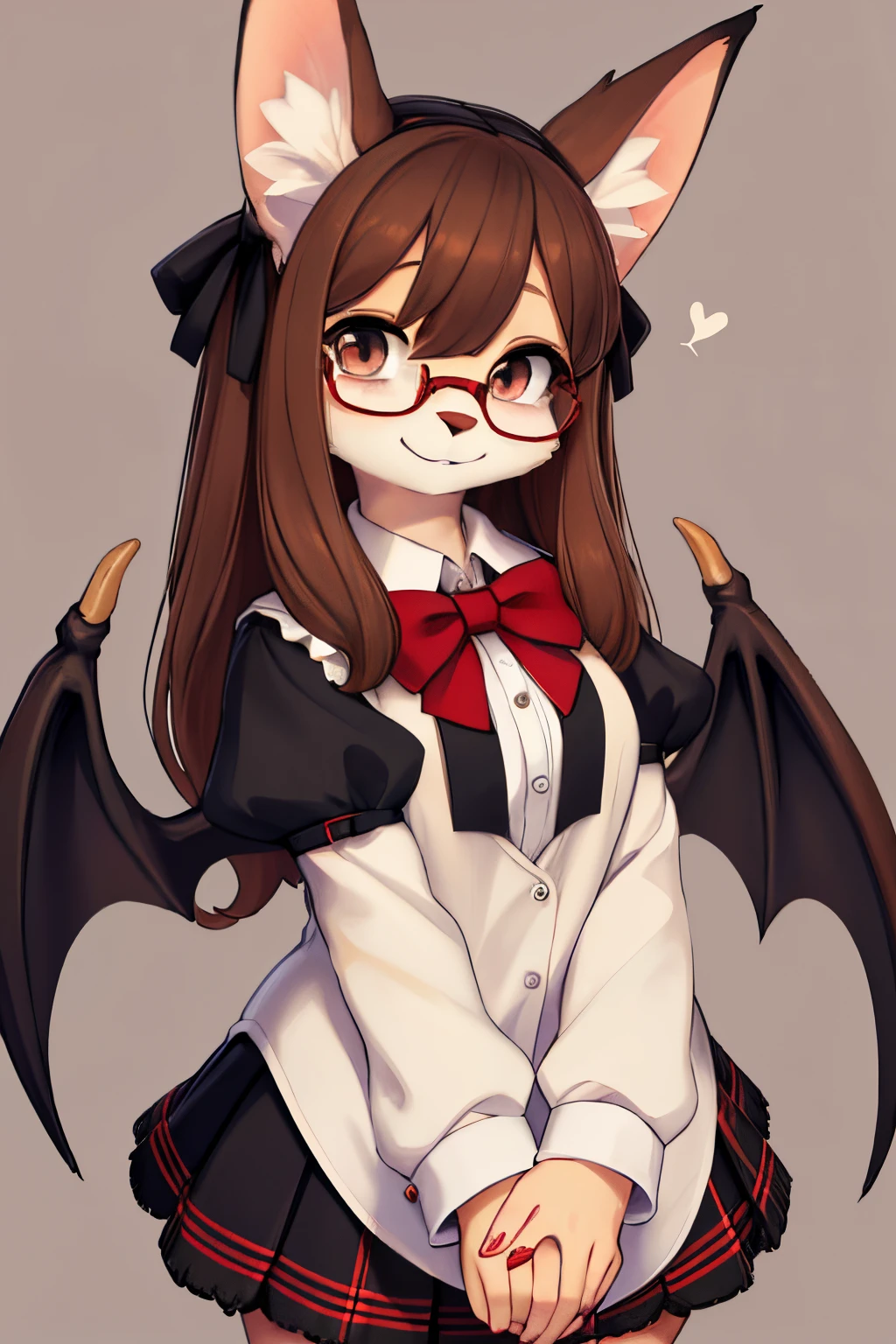 An anthropomorphic female bat with wings dressed as a student girl. She has luxurious hair that is chestnut brown, and large ears that are round and cute. She is confessing her feelings for you, holding your hands and looking into your eyes. She is looking happy with dreamy brown eyes that have a sparkle. Her fur is beige with brown spots, and her outfit is a white blouse and a plaid jumper. She wears black glasses and a red bow. The style is a blend of digital furry art and anime. She is looking at you with a shy smile and saying that she likes you a lot.