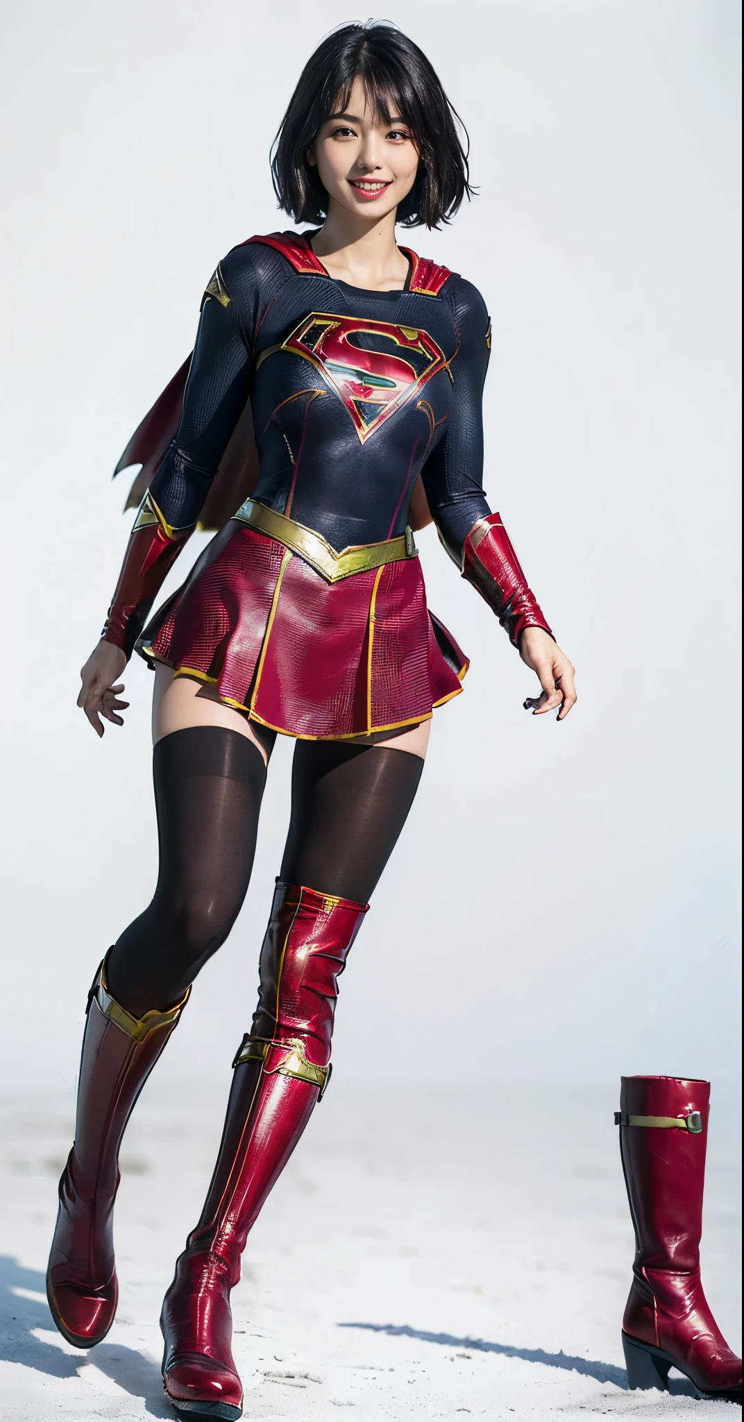 Asian beautiful girl face、Suffering、mouth is always open sloppily、Drool is always dripping from my mouth、Asian Beautiful Girl、(((Wear black tights on your beautiful legs.)))、(((beauty legs)))、(((facial expression of smile)))、((((Make the most of the original image)))、(((Supergirl Costume)))、(((a short bob、beautiful hairl)))、(((Suffering)))、(((Feet must necessarily be worn with black tights)))、(((You need to wear red boots)))、((Top image quality、8K))、((top-quality、8K、masterpiece:1.3))、(((Keep your background simple)))、Crisp focus:1.2、Beautiful woman with perfect body shape:1.4、Slender Abs:1.2、a wet body:1.5、Highly detailed facial and skin texture、8K、beauty legs