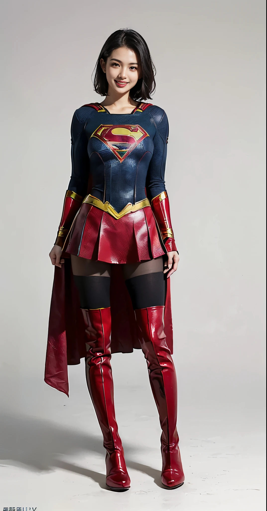 Asian beautiful girl face、Suffering、mouth is always open sloppily、Drool is always dripping from my mouth、Asian Beautiful Girl、(((Wear black tights on your beautiful legs.)))、(((beauty legs)))、(((facial expression of smile)))、((((Make the most of the original image)))、(((Supergirl Costume)))、(((a short bob、beautiful hairl)))、(((Suffering)))、(((Feet must necessarily be worn with black tights)))、(((You need to wear red boots)))、((Top image quality、8K))、((top-quality、8K、masterpiece:1.3))、(((Keep your background simple)))、Crisp focus:1.2、Beautiful woman with perfect body shape:1.4、Slender Abs:1.2、a wet body:1.5、Highly detailed facial and skin texture、8K、beauty legs