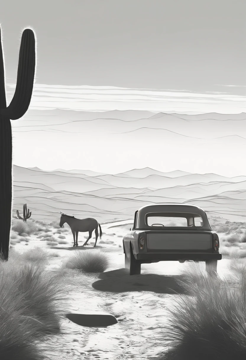 black and white animation background of the Brazilian northeastern hinterland with typical semi-arid vegetation with cacti, sun, heat, with a cartoon animal like a donkey, donkey, donkey, donkey in the dreamworks style, the sherek drawing donkey., small, Classicism, Gamine, top-down, Motion graphics, Grainy, sprite sheet, pastel colors, Happycore, film noir lighting, Ultra-realistic, highly detailed, natural lighting, ocean environment, Unity engine, 8k, Hypnotic, Androgynous, concept design, wide-angle, Houdini rendering, High contrast, Sticker, bold colors, Abstraction, ultraviolet lighting, Hyperrealistic intricate detail, finely detailed, car interior design, Octane render, 8k