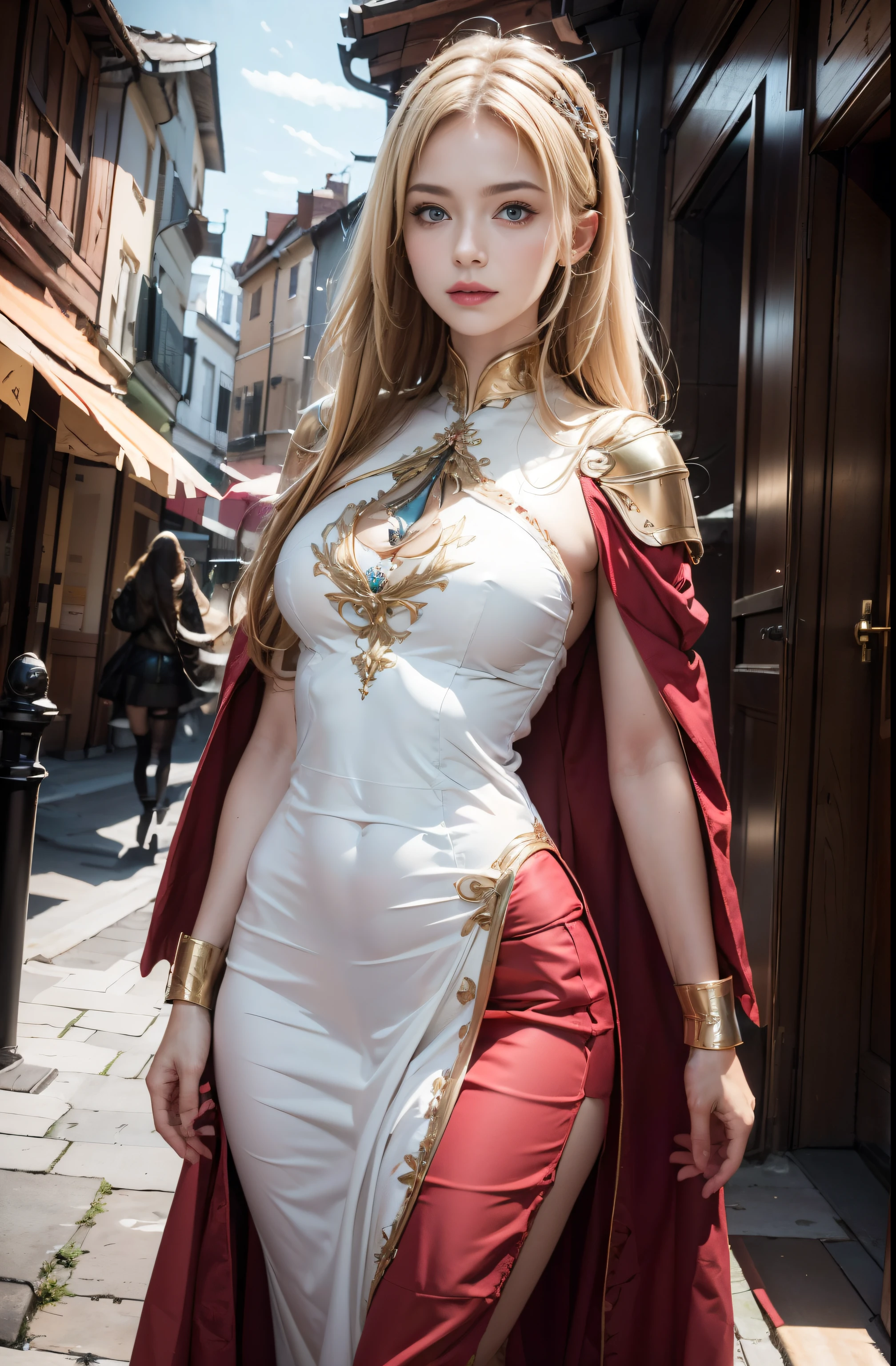 Young woman, White dress, red cloth, long hairมาก, long hair, Huge breasts, big breast, Breast augmentation, small waist, thin body, majestic, Charming Succubus, Short white dress, tight fitting, gold pattern, Red coat, Cloak of Float