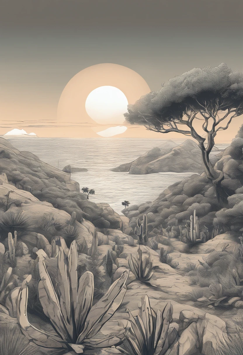 black and white animation background of the Brazilian northeastern hinterland with typical semi-arid vegetation with cacti, sun, heat, with a cartoon animal like a donkey, donkey, donkey, donkey in the dreamworks style, the sherek drawing donkey., small, Classicism, Gamine, top-down, Motion graphics, Grainy, sprite sheet, pastel colors, Happycore, film noir lighting, Ultra-realistic, highly detailed, natural lighting, ocean environment, Unity engine, 8k, sad, Baroque, drawing, portrait, Rigging, Faded, Projection mapping, khaki colors, sci-fi, moody lighting, Ultra-realistic, highly detailed, natural lighting, forest environment, Unreal engine, 8k. Estilo literatura cordel.