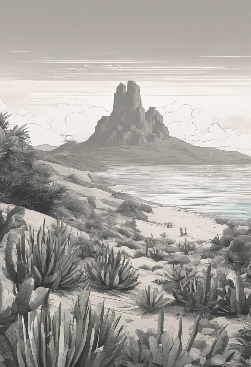 black and white animation background of the Brazilian northeastern hinterland with typical semi-arid vegetation with cacti, sun, heat, with a cartoon animal like a donkey, donkey, donkey, donkey in the dreamworks style, the sherek drawing donkey., small, Classicism, Gamine, top-down, Motion graphics, Grainy, sprite sheet, pastel colors, Happycore, film noir lighting, Ultra-realistic, highly detailed, natural lighting, ocean environment, Unity engine, 8k, sad, Baroque, drawing, portrait, Rigging, Faded, Projection mapping, khaki colors, sci-fi, moody lighting, Ultra-realistic, highly detailed, natural lighting, forest environment, Unreal engine, 8k. Estilo literatura cordel.