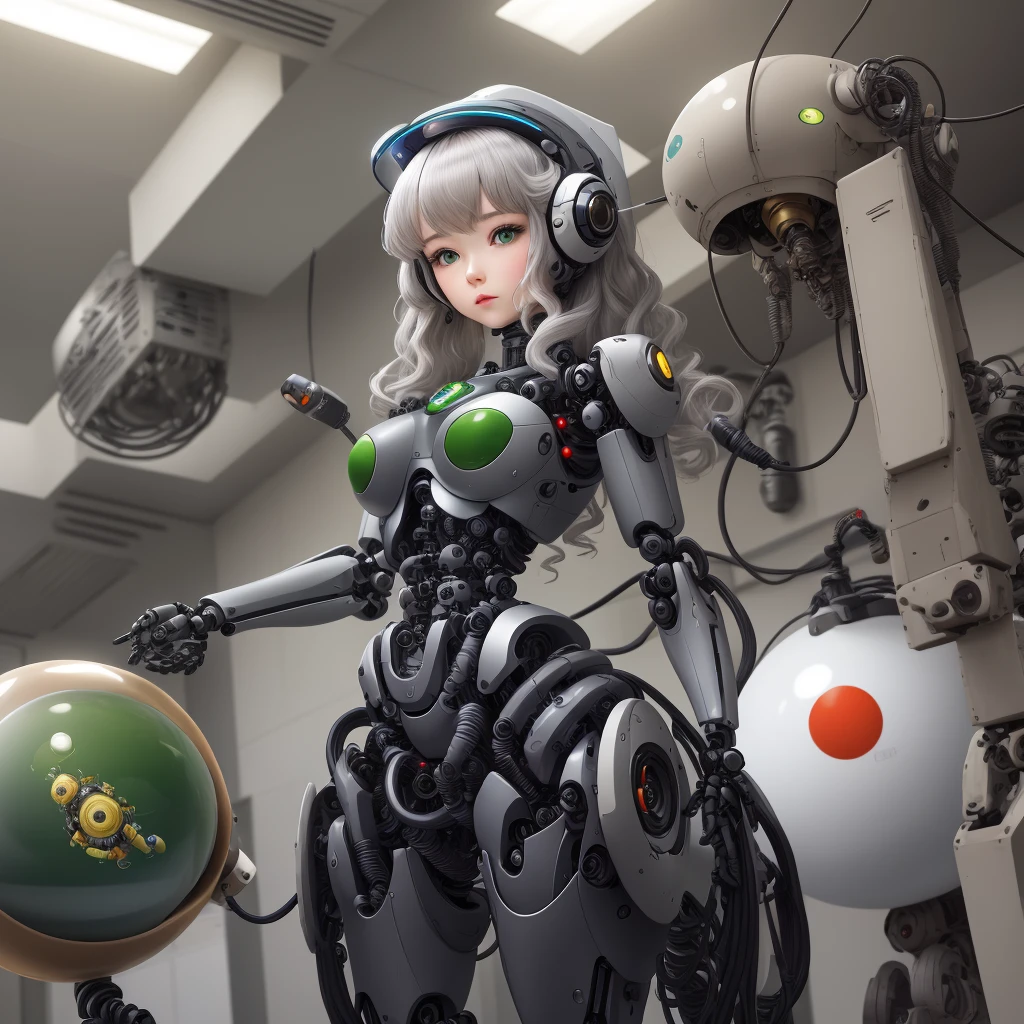 top-quality, The style is a woman who has been modified into a robot., The background is the operating room, The model is a 35-year-old Japanese woman., Long black wavy hair, Silver metallic body, Spherical joints, chubby figure,. Spherical joints, Green eyes, deadpan, Multiple cables on the robot&#39;s body, Beautiful robot, Beautiful Android