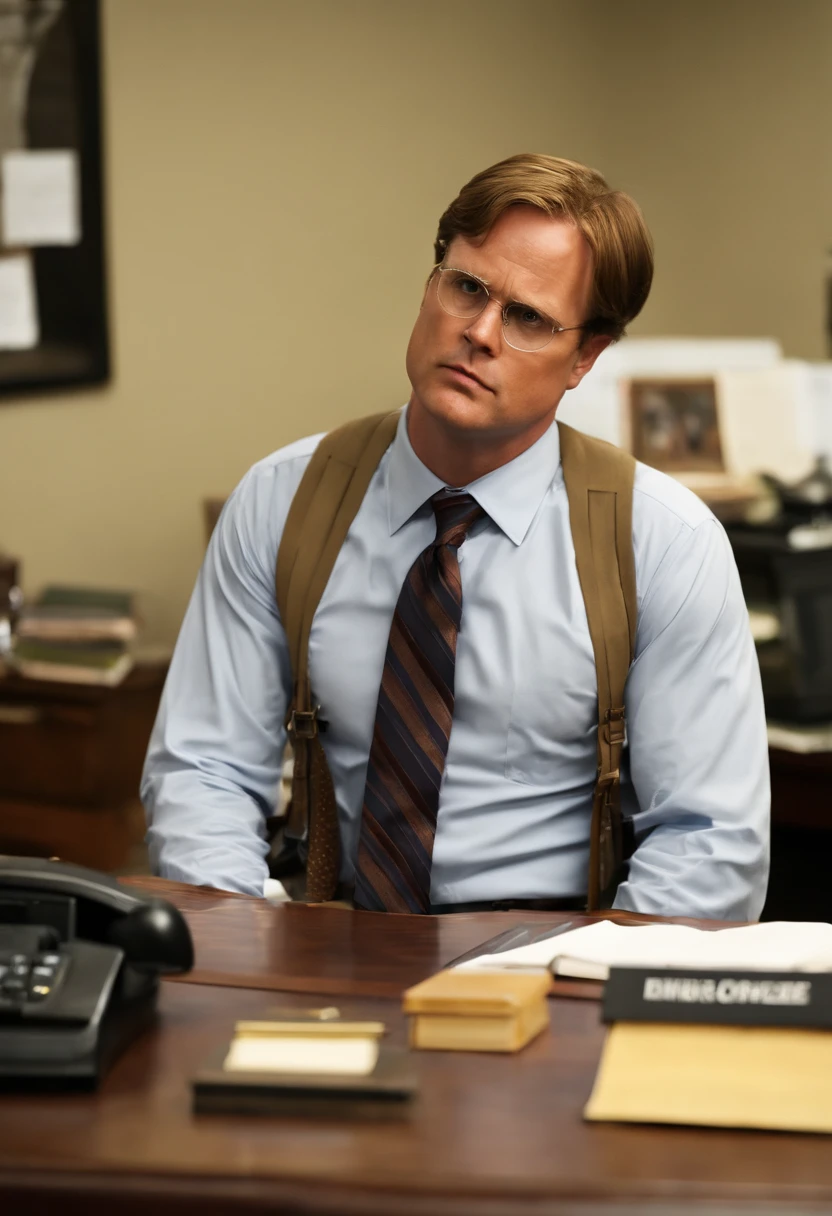 A photo of Dwight meticulously organizing his desk with military precision.,The Office,Dwight Schrute, another character from “The Office,” is known for his distinct, somewhat antiquated appearance: a stern expression, a rigid, formal posture, and usually dressed in a mustard-colored shirt and dark tie. His hairstyle is severe and practical, matching his no-nonsense attitude.