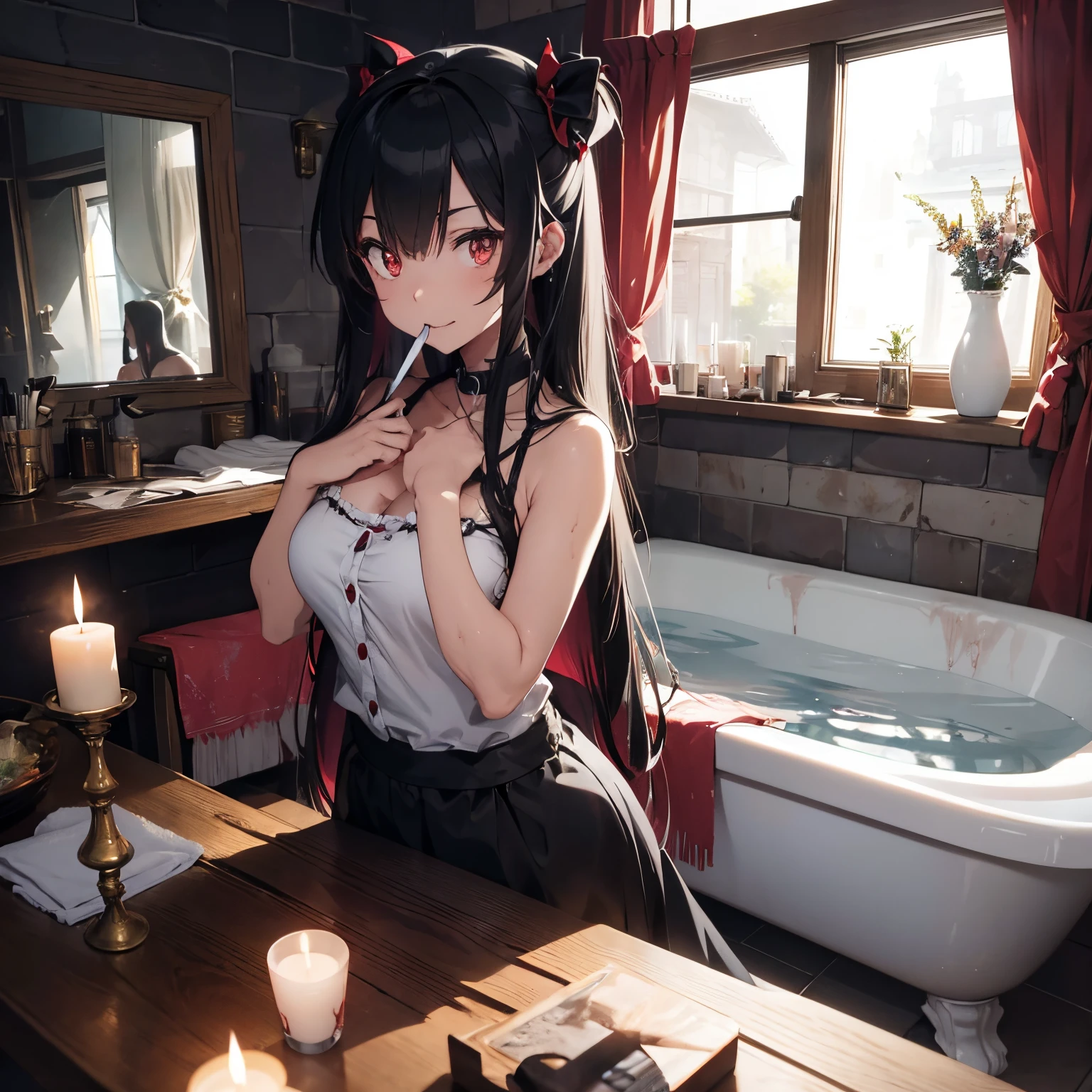 anime style, random ethnicity adult vampire woman with sculptural body, very long, straight hair, random color, bathing in a bathtub full of blood, She has her mouth open showing canine teeth that are larger than the other sharp vampire teeth, she has a cup of blood in her hand, the bathroom has old tiles, incense smoke, candles in candelabras, the lighting comes from these candles add to the scene an open window with the full moon appearing
