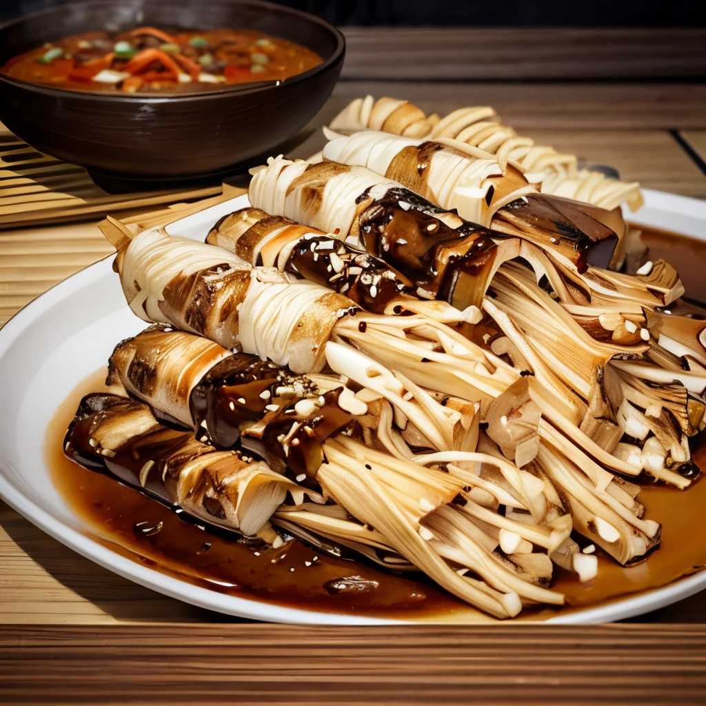 beef enoki roll, yakiniku, shoyu, sesame on top