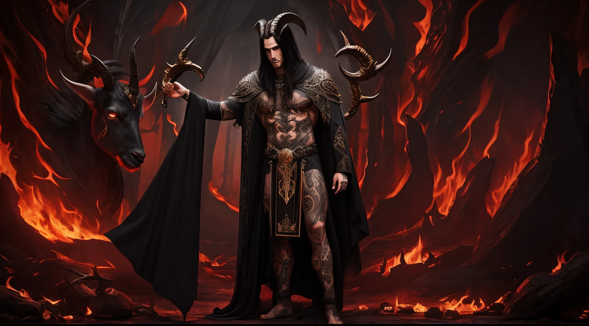 beezlebub, goat horns, long black hair, tattoos, male, dark black and gold cloak with bits of red on it, cool hell like background, tattoos, pagan tattoos, tall, muscular