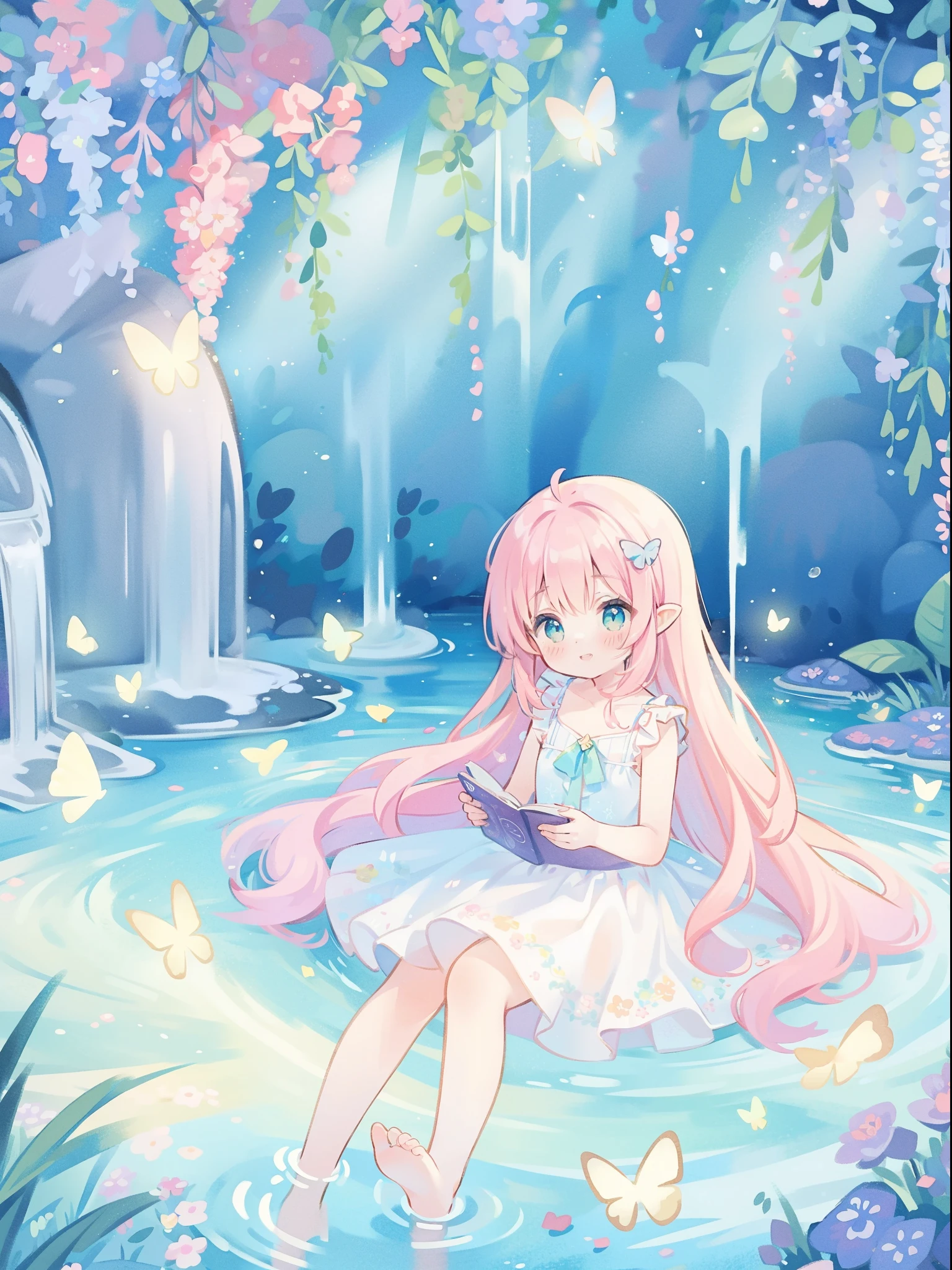 watercolor illustration, vibrant pastel colors, dreamy, colorful, whimsical, magical, masterpiece, best quality, sharp focus, intricately detailed environment, fine detail, 8k resolution, waterfall lagoon, (magical lagoon), (waterfall, lake), glowing butterflies, cute puffy fairy creatures, glowing fairies, beautiful girl in sparkling delicate white dress