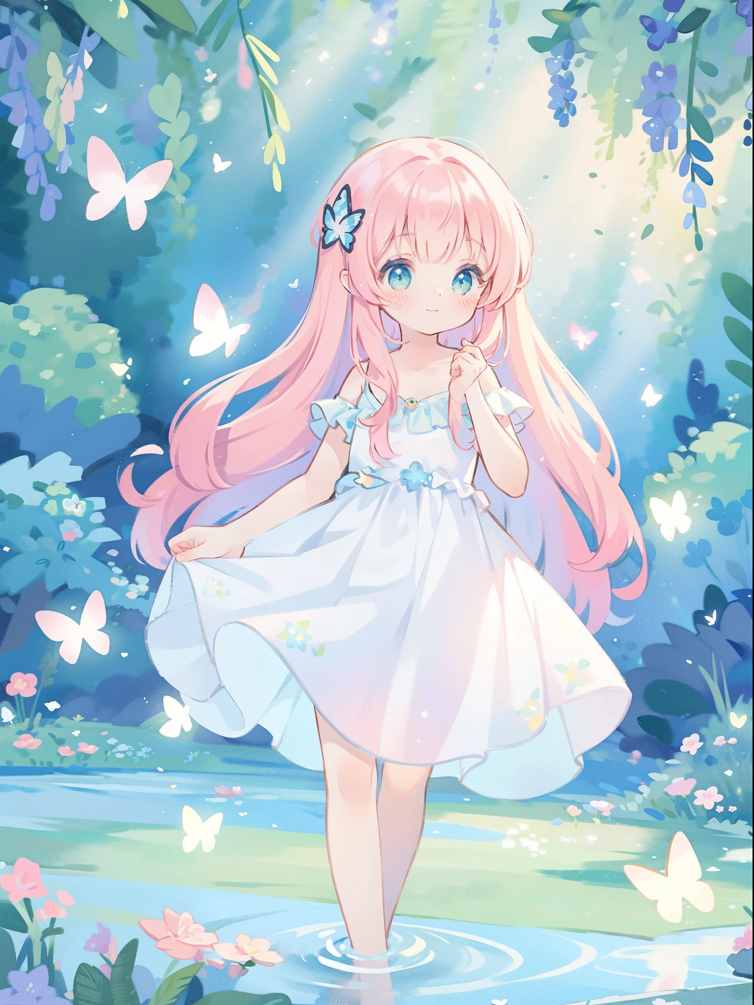 watercolor illustration, vibrant pastel colors, dreamy, colorful, whimsical, magical, masterpiece, best quality, sharp focus, intricately detailed environment, fine detail, 8k resolution, waterfall lagoon, (magical lagoon), (waterfall, lake), glowing butterflies, cute puffy fairy creatures, glowing fairies, beautiful girl in sparkling delicate white dress
