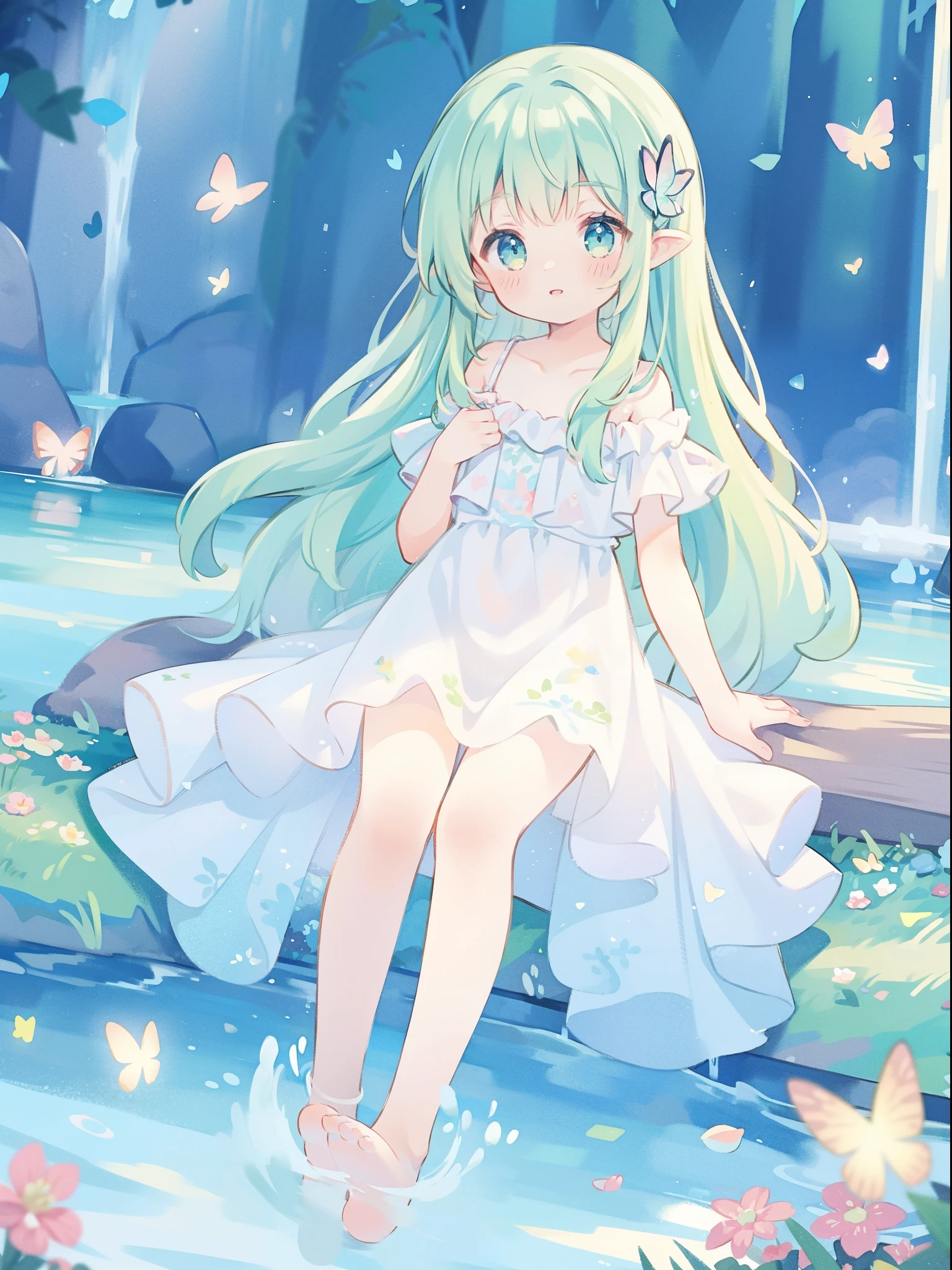 watercolor illustration, vibrant pastel colors, dreamy, colorful, whimsical, magical, masterpiece, best quality, sharp focus, intricately detailed environment, fine detail, 8k resolution, waterfall lagoon, (magical lagoon), (waterfall, lake), glowing butterflies, cute puffy fairy creatures, glowing fairies, beautiful girl in sparkling delicate white dress