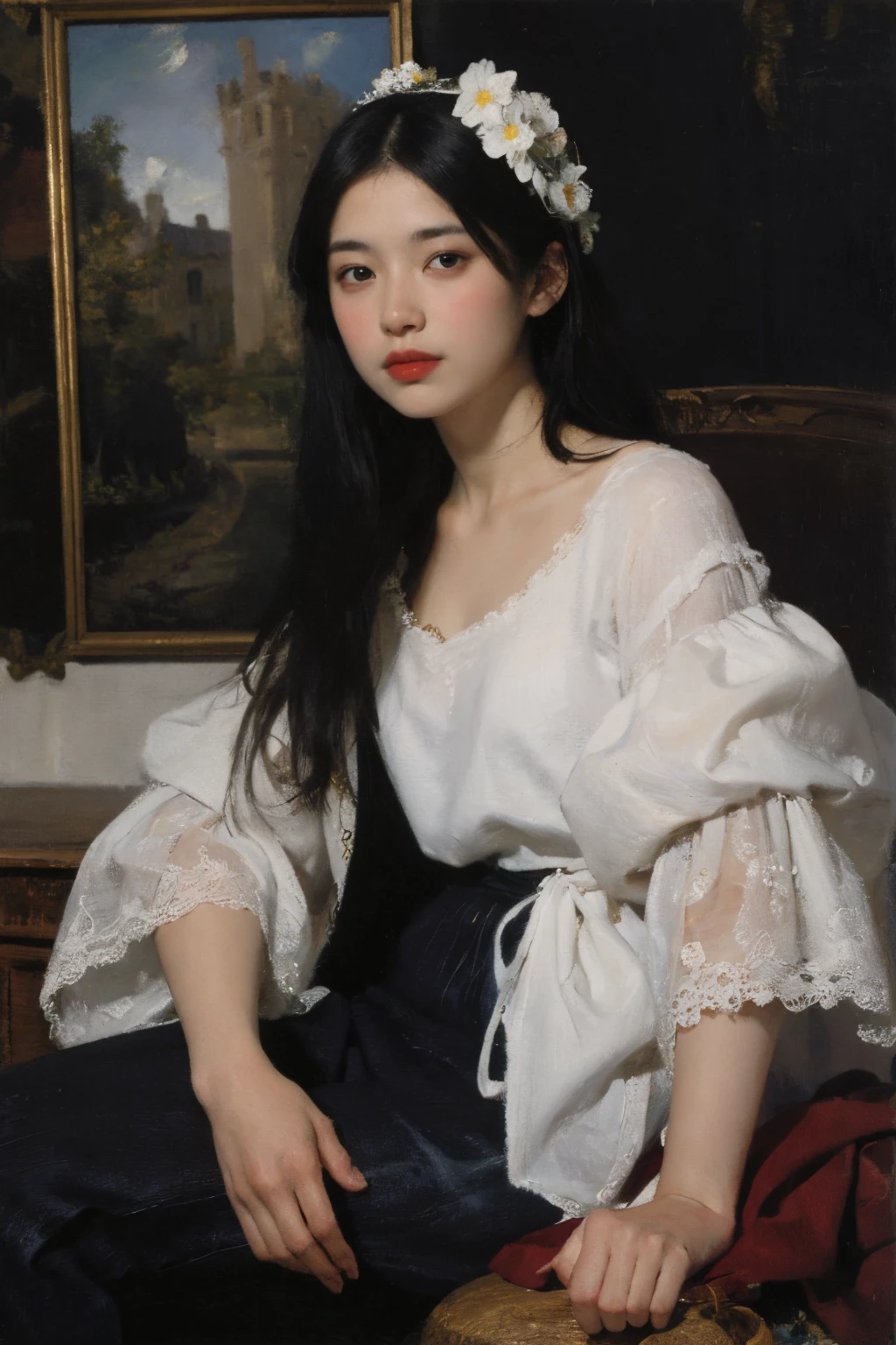 (Oil painting: 1.5),
\\
A woman with long black hair and white flowers in her hair sits in front of a European oil painting (Amy Saul: 0.248), (Stanley Atger Liu: 0.106), (a detailed painting: 0.353), (Gothic art: 0.106)