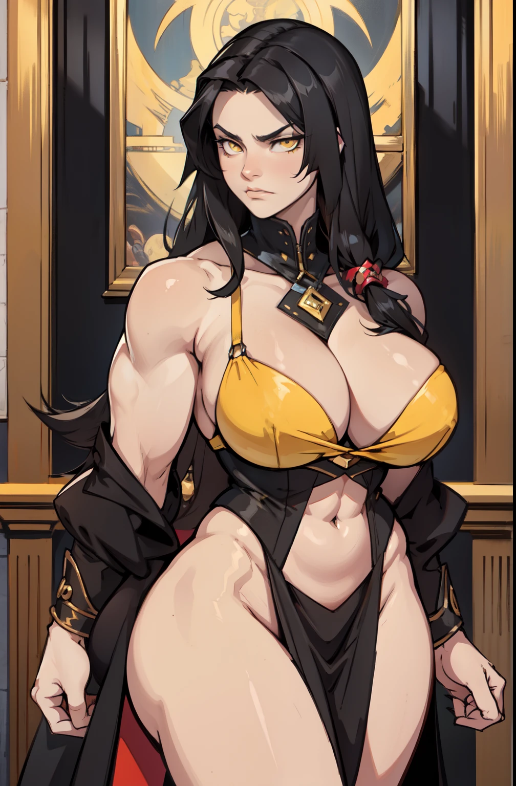 ((1 girl)) angry very long hair pale skin black hair yellow eyes ((muscular)) huge breasts dutch golden age painting