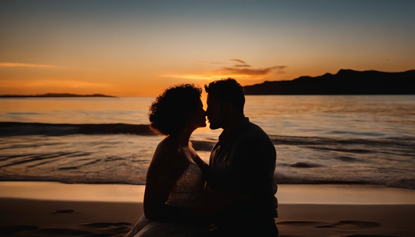 Romantic couple kissing in the wind,s e meninaelas brilhantes,efeitos de brilho,Heart-shaped bubbles,a noite,Em um navio de cruzeiro,The face is clear and precise,detalhe no rosto,super-fino,Beachside,16k resolution,alta qulidade,cinemac lighting,alto detalhe da imagem,dynamic viewing angle,pelos pubianos detalhados,epic shot,oc renderizado