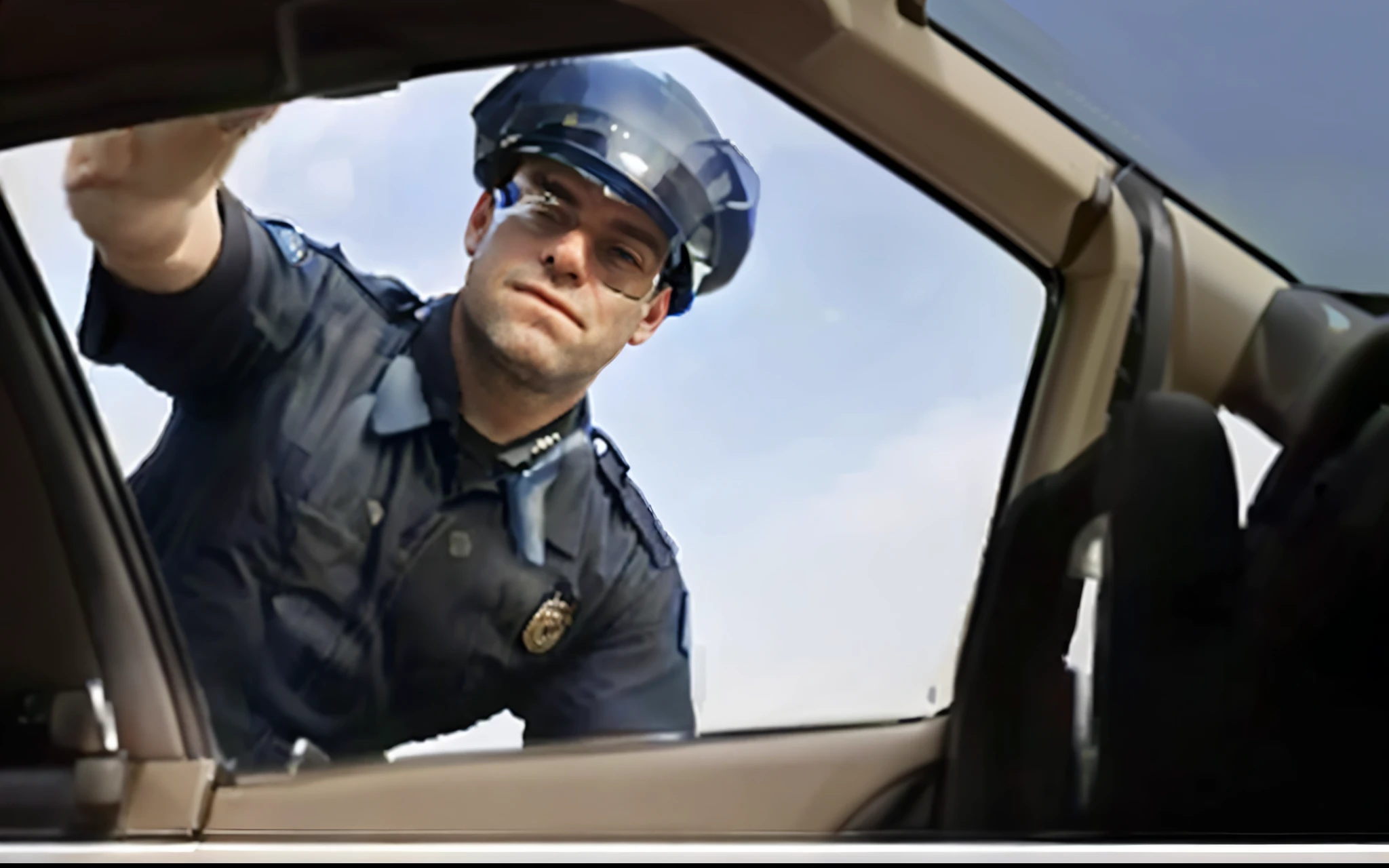 Beautiful girl, detailed blue eyes, long white niveous hair, detailed facial traits, police cap, police uniform, blowjob in prison cell,male legs, male penis