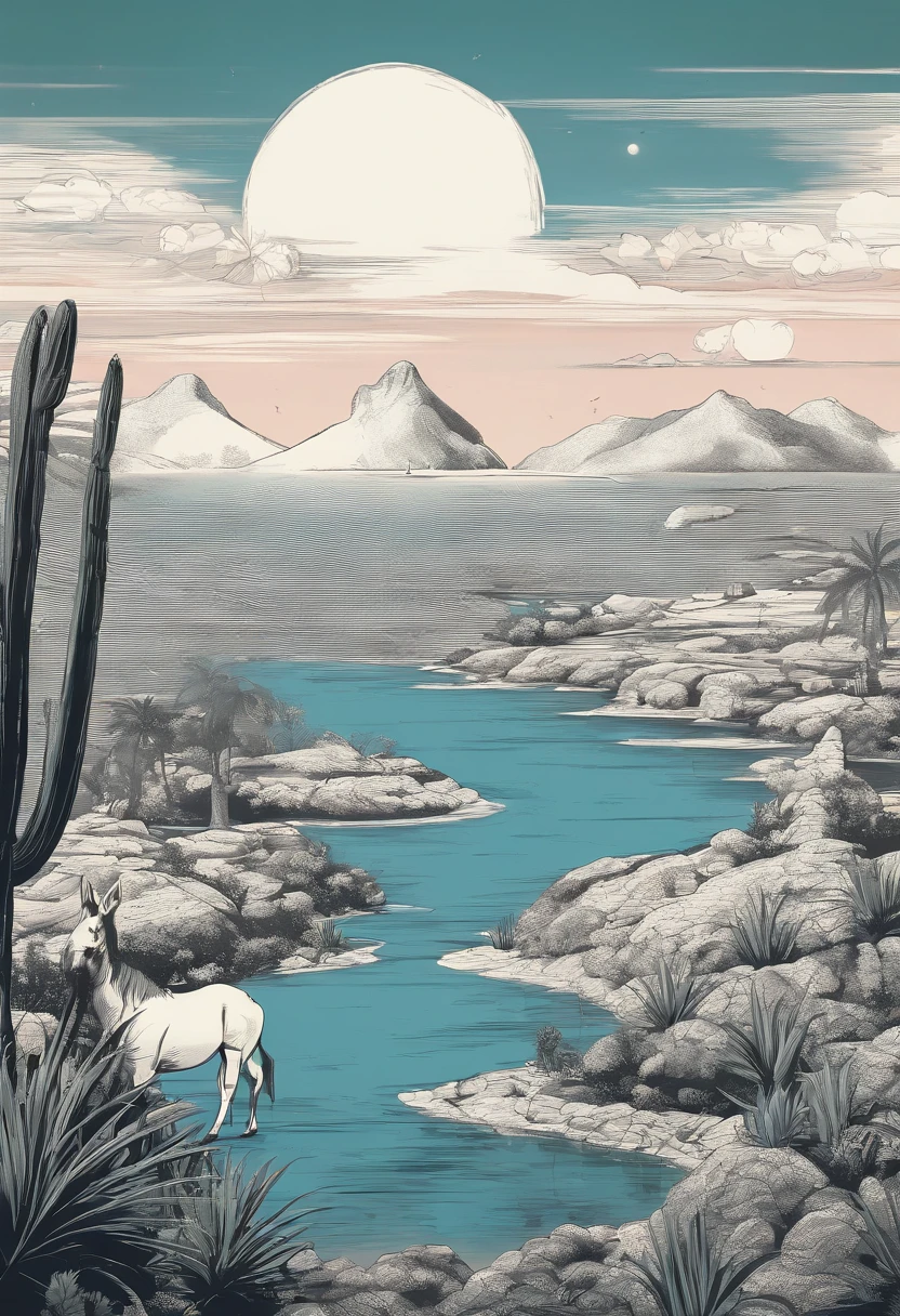 black and white animation background of the Brazilian northeastern ((( Estilo literatura cordel ))) ((( XILOGRAVURAS)))  hinterland with typical semi-arid vegetation with cacti, sun, heat, with a cartoon animal like a donkey, donkey, donkey, donkey in the dreamworks style, the sherek drawing donkey., small, Classicism, Gamine, top-down, Motion graphics, Grainy, sprite sheet, pastel colors, Happycore, film noir lighting, Ultra-realistic, highly detailed, natural lighting, ocean environment, Unity engine, 8k, intricate, Chav, Artwork, full body shot, Houdini rendering, 500px, game icon, blue colors, sci-fi, film noir lighting, Hyperrealistic textures, intricate details, architectural visualization, Corona render, 8k