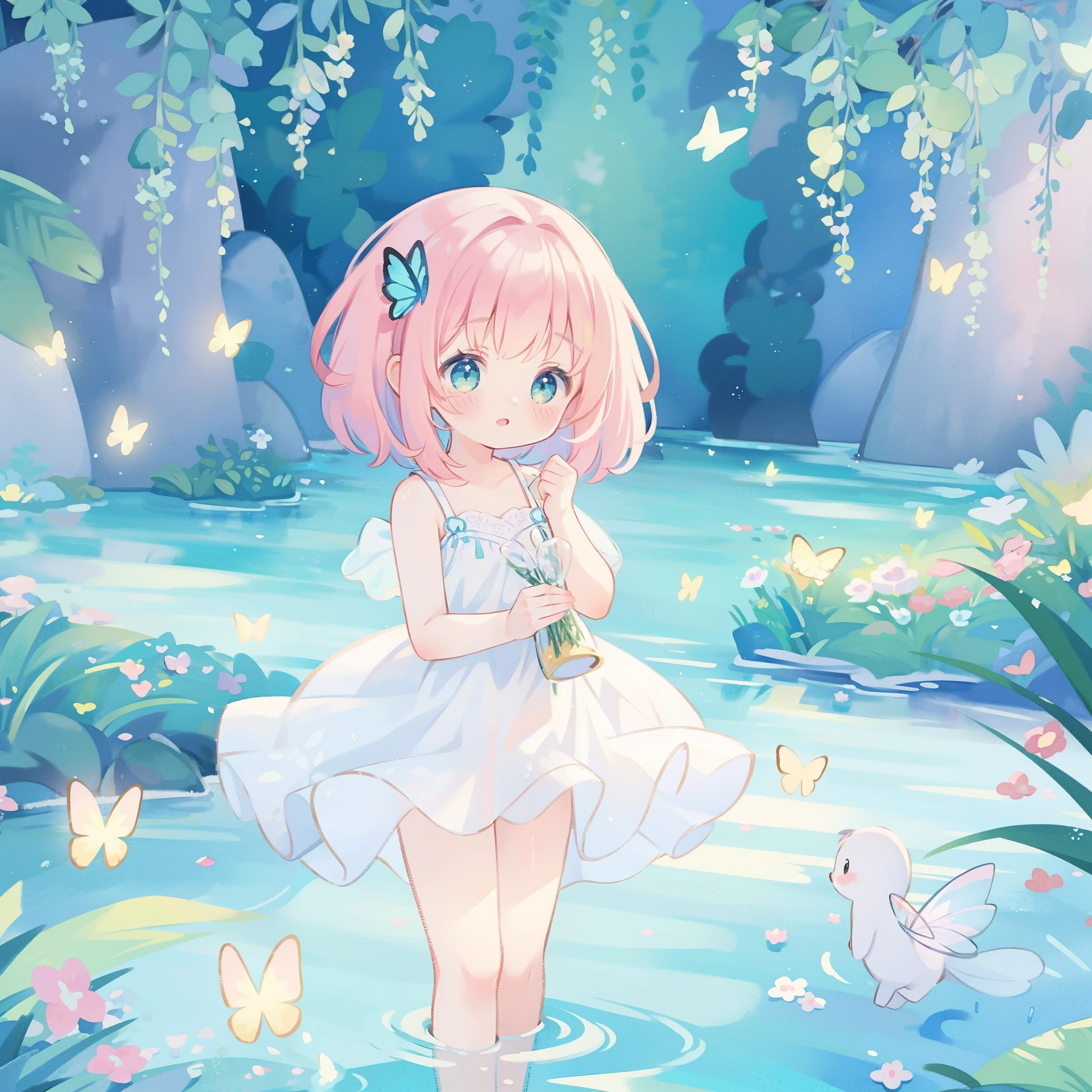 watercolor illustration, vibrant pastel colors, dreamy, colorful, whimsical, magical, masterpiece, best quality, sharp focus, intricately detailed environment, fine detail, 8k resolution, waterfall lagoon, (magical lagoon), (waterfall, lake), glowing butterflies, cute puffy fairy creatures, glowing fairies, beautiful girl in sparkling delicate white dress