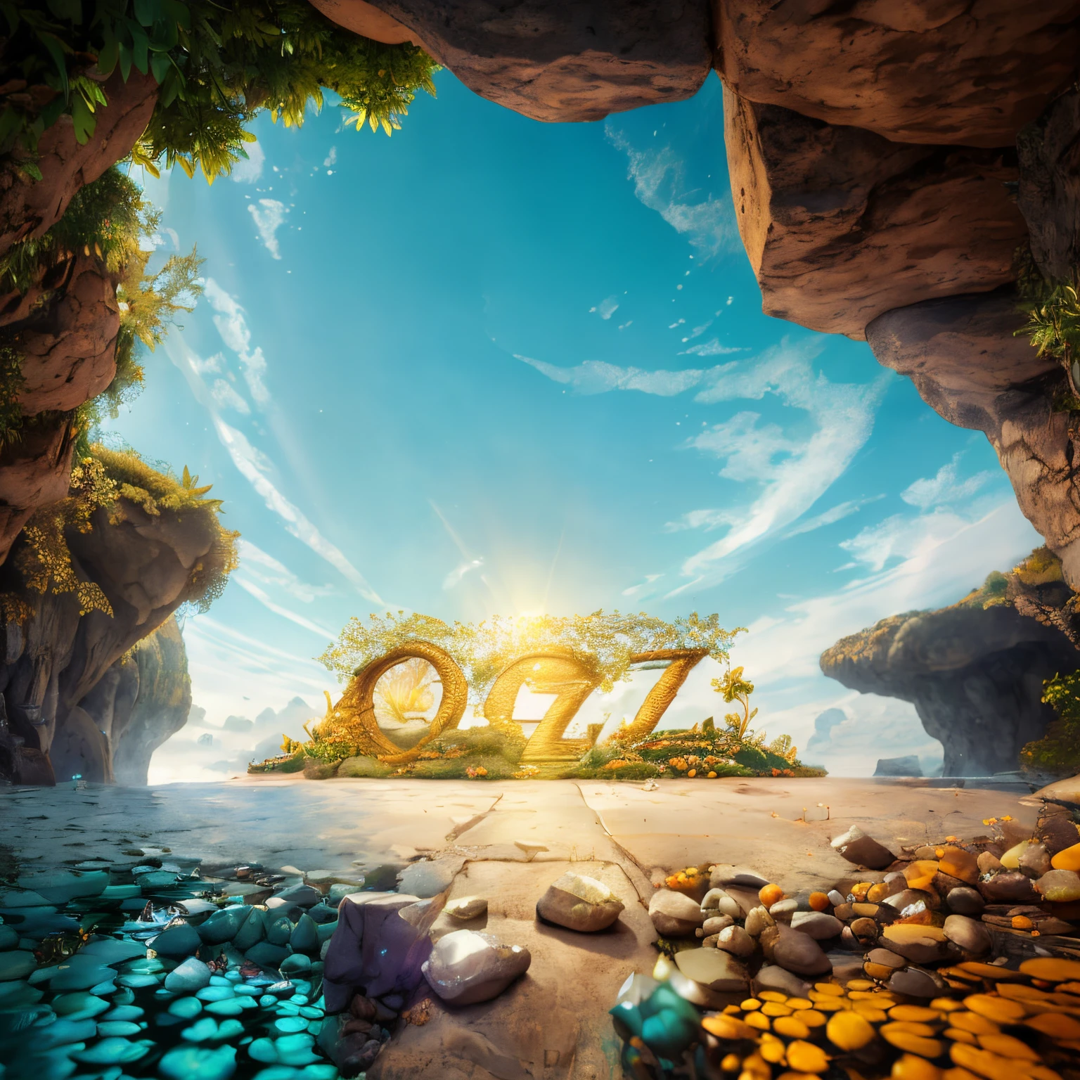 une photo prise depuis le sol d&#39;une grotte avec un panneau indiquant Oz, Oz, (Rendu octane) Style fantastique, fantasy style 8 k octane render, 3D stylized scene, Beautiful rendering of a fairy tale, series d&#39;onces, rolands zilvinskis 3d render art, studio de daz, stylized 3d render, Stuning Fantasy 3 D Render