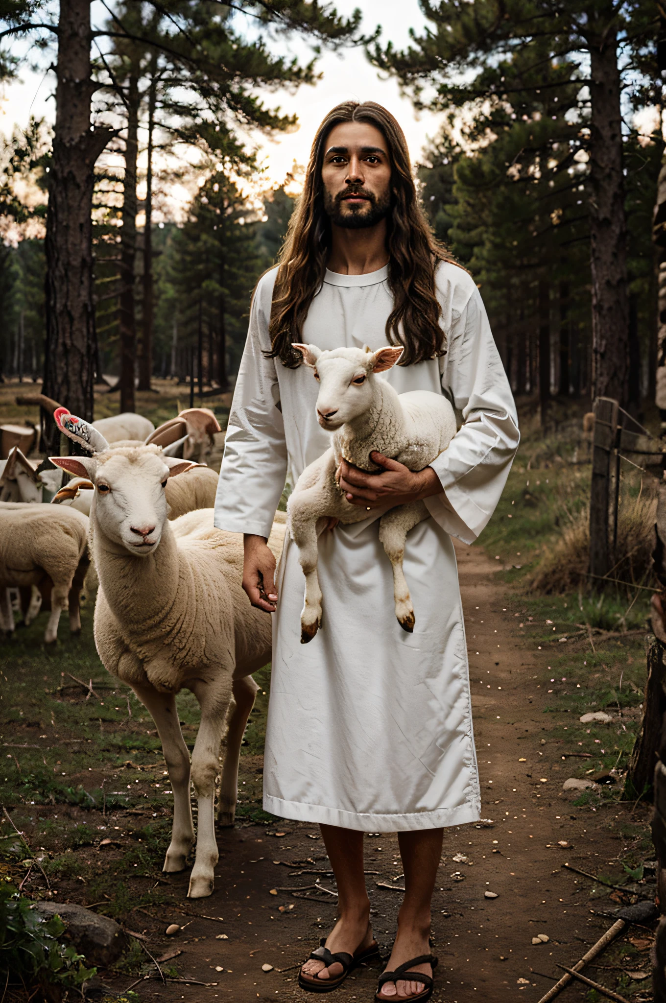 Jesus holding a lamb in the wilderness.